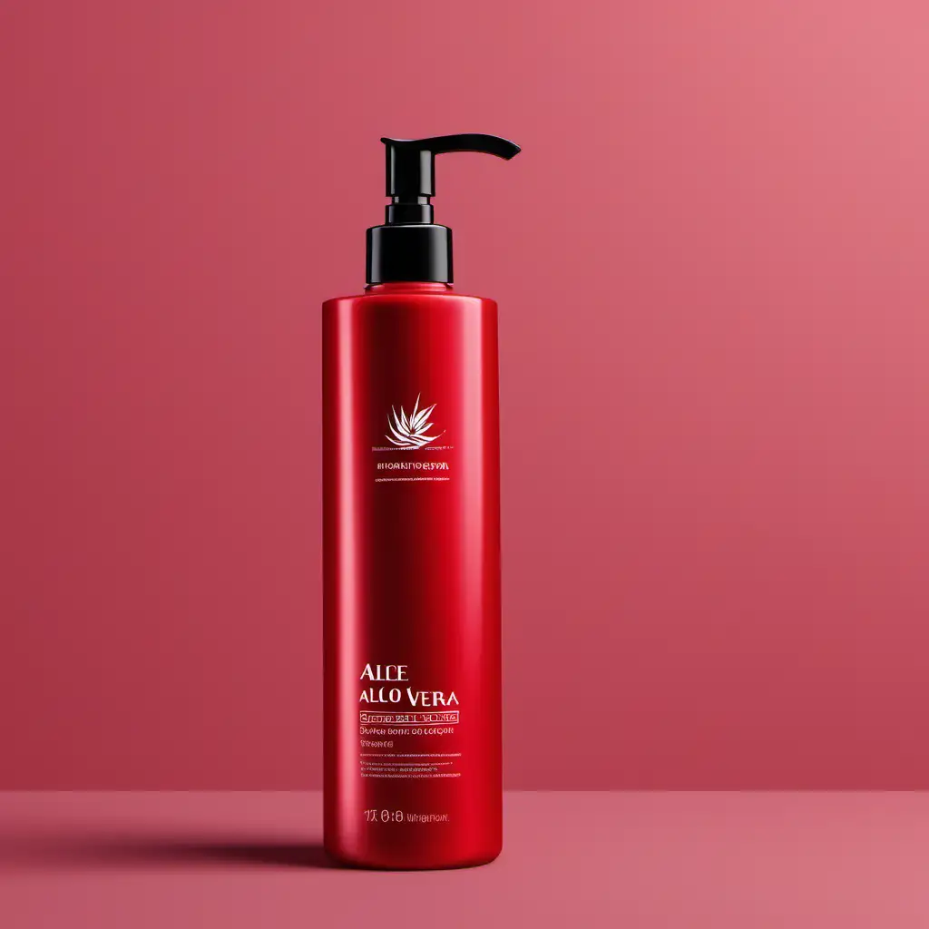 red color shampoo bottle with pump. shows red aloe vera.
