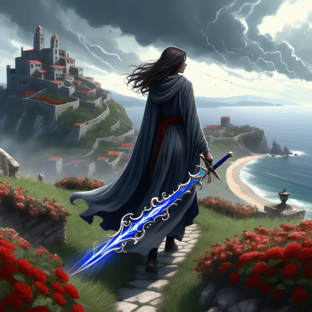 Mystical Journey GrayCloaked Woman with Lapis Sword Amidst Coastal Flora