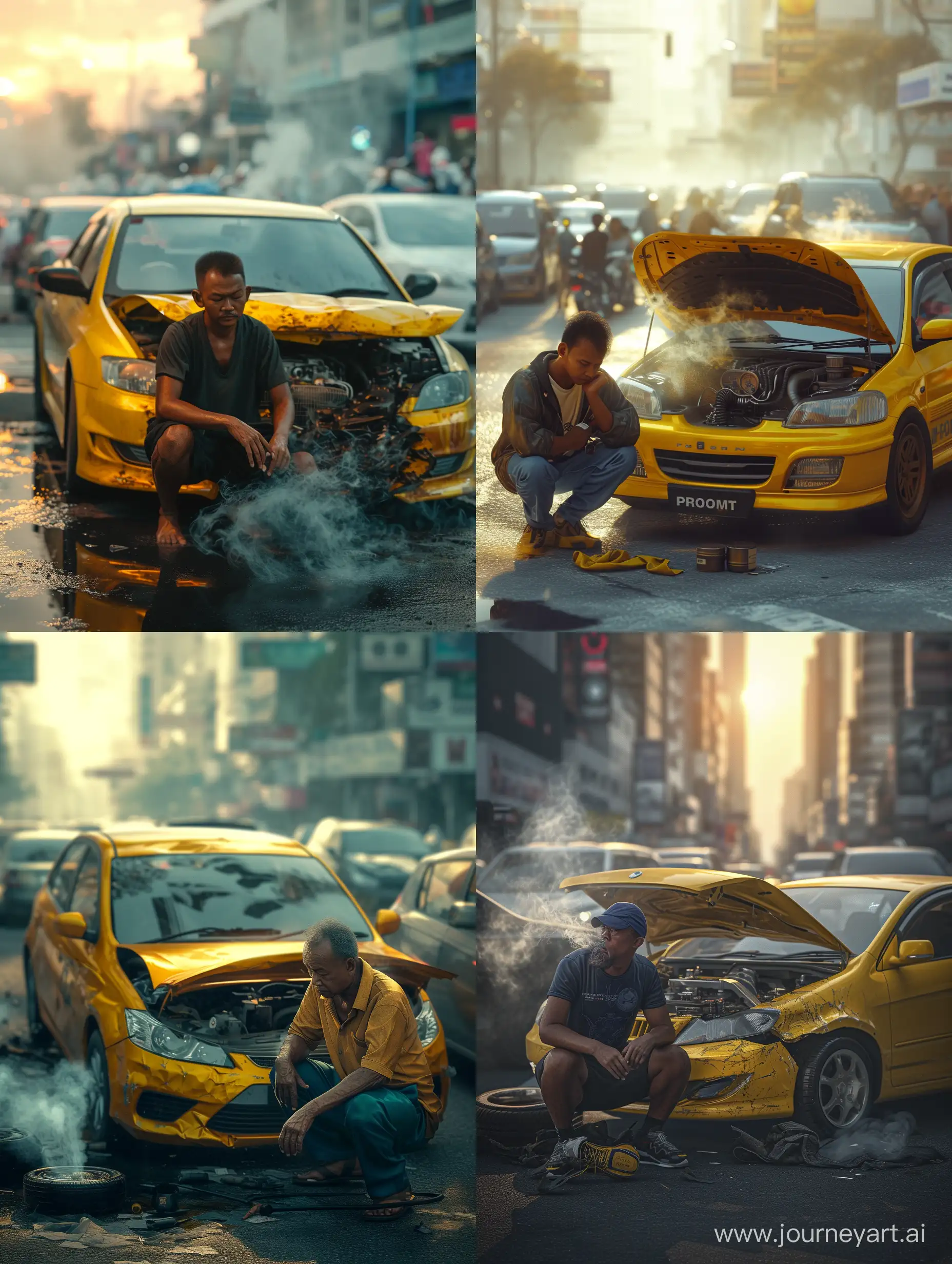 ultra realistic a malay man squatting next to his broken down car. The front bonnet was open and there was smoke coming out of the car engine. Proton brand car made in Malaysia is yellow. refraction of the morning sun. crowded city background with cars.