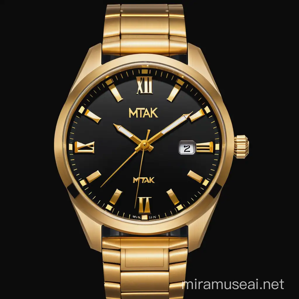 The design of a golden wristwatch with a black background with the word "MTAK" written in the middle of the logo in gold color with Latin font.