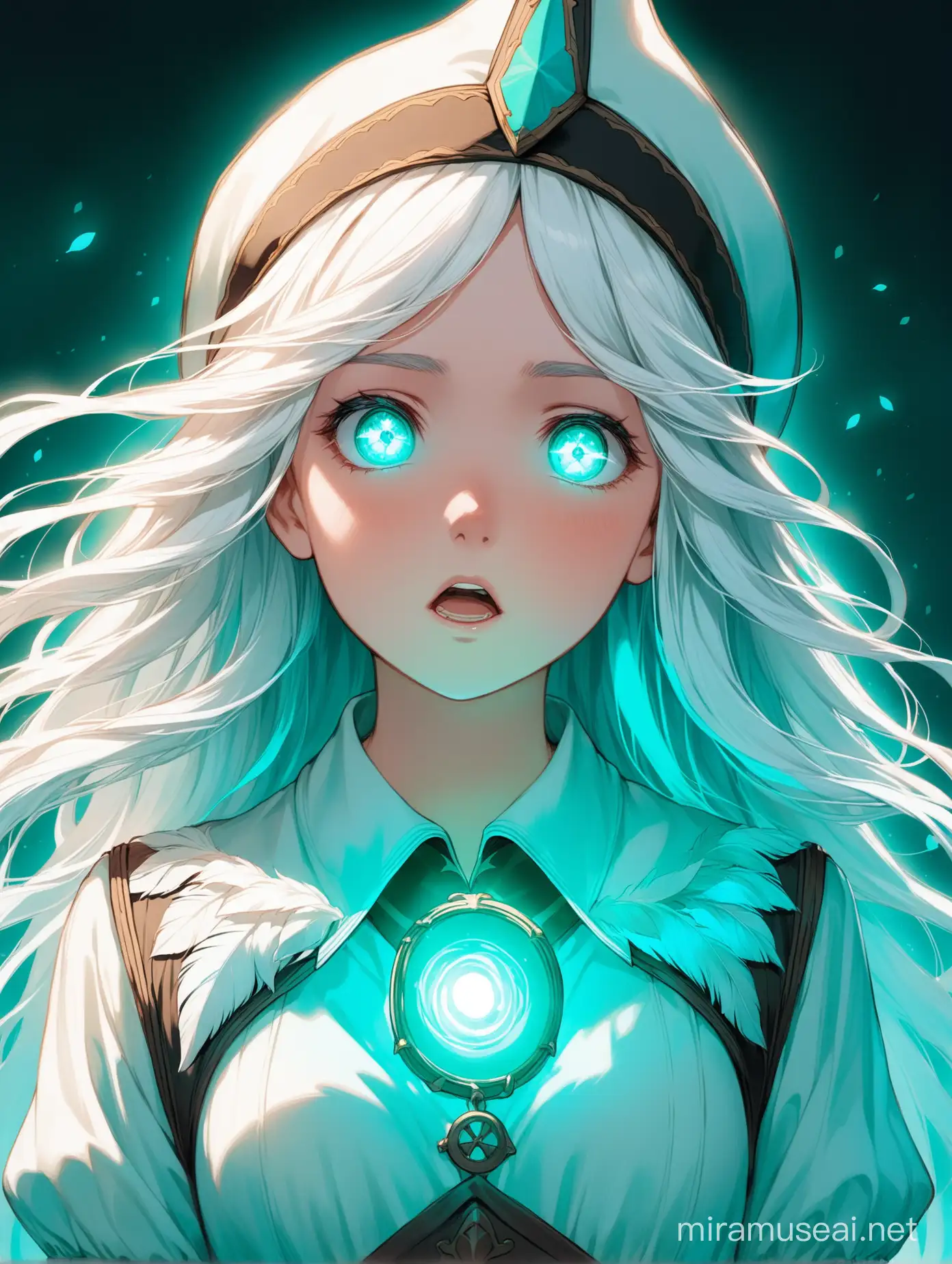 A 24-year-old woman with white hair with a hint of turquoise. The ends of her hair are faded with turquoise. Her eyebrows match her hair color. Her hair is long and curly She is wearing fantasy german clothes that are the colors white, and turquoise. She wears a pointed Peterpan hat with a white feather.

She is in a trance-like state, her eyes glowing turquoise and her hair glowing as well.  She looks scared