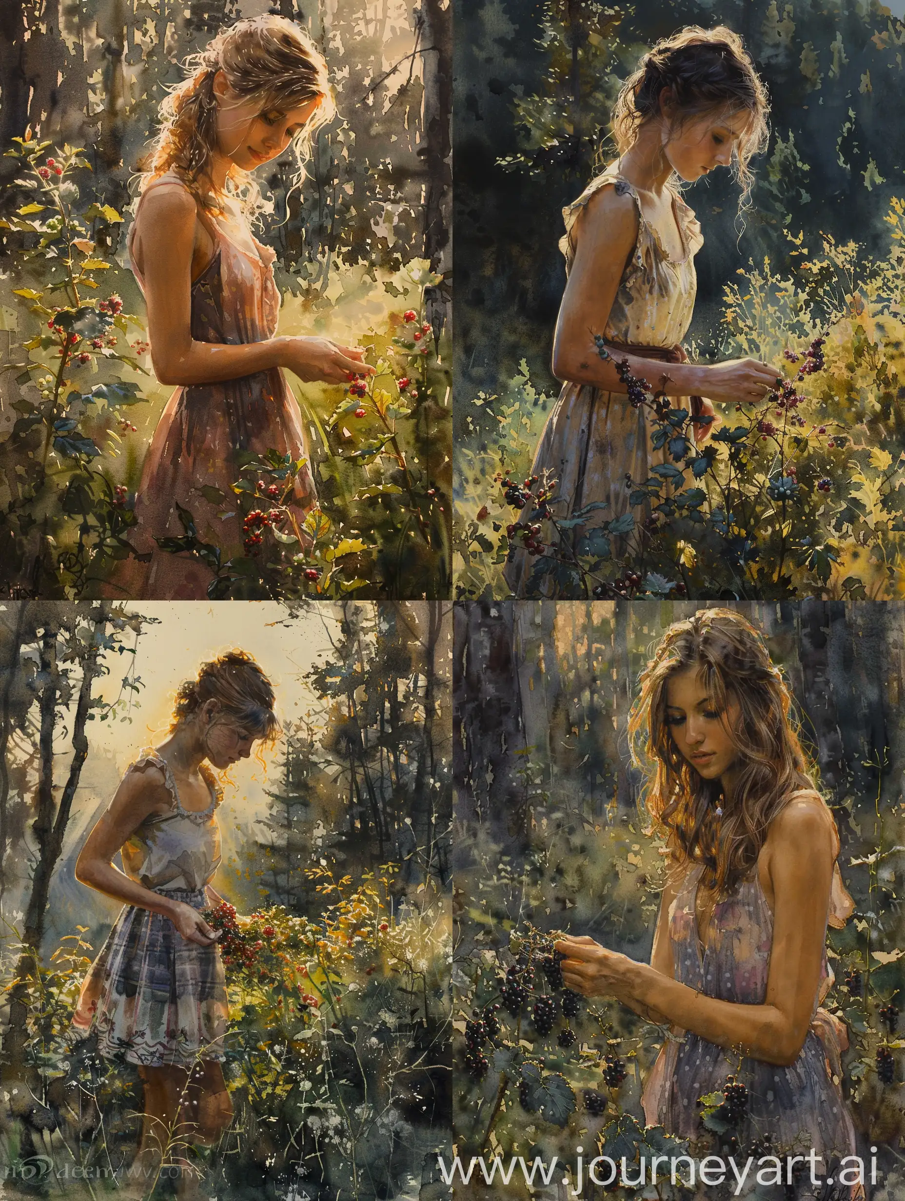 young woman spring, a clearing in the forest during an early dawn, a young woman in a sundress picking berries, morning haze, (watercolor, soft airy tones --v 6 --s 500
