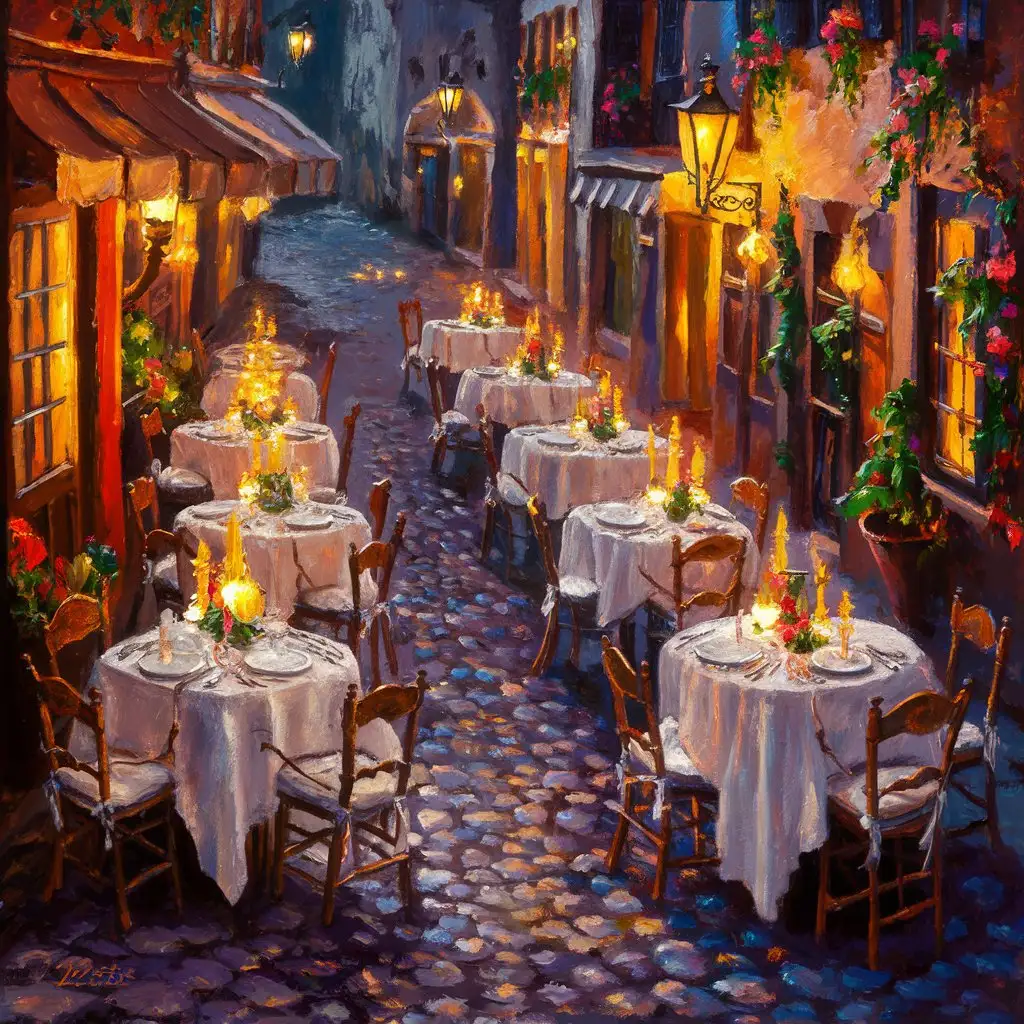 European Cobblestone Street Outdoor Dining Scene