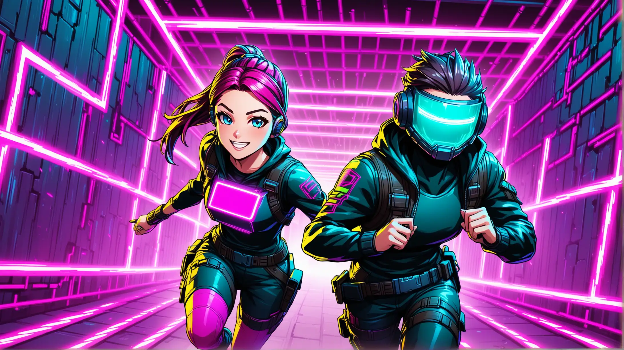 two colorful Fortnite characters named Rick and Anna and they are smiling and are running an obstacle course. the theme is cyberpunk with neon and metal walls. close-up