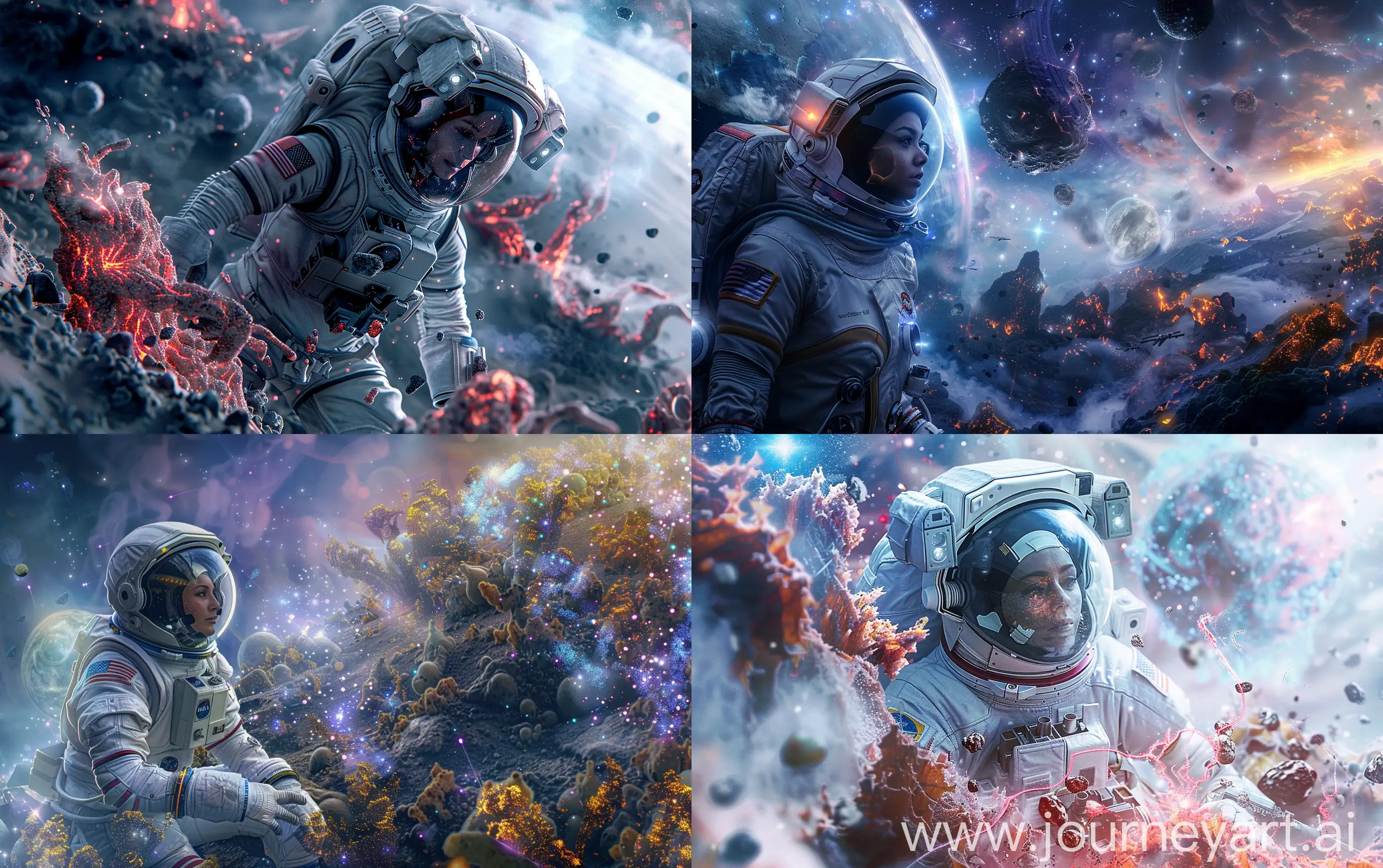 a female astronaut in spacesuit exploring an alien metan-based planet, other life forms, different landscape, atmospheric effects, super realistic, cinematic --ar 16:10