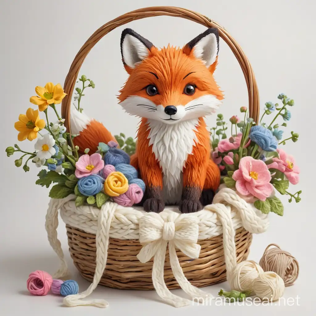 Knitted Fox with Basket of Yarn and Flowers on White Background Watercolor Art