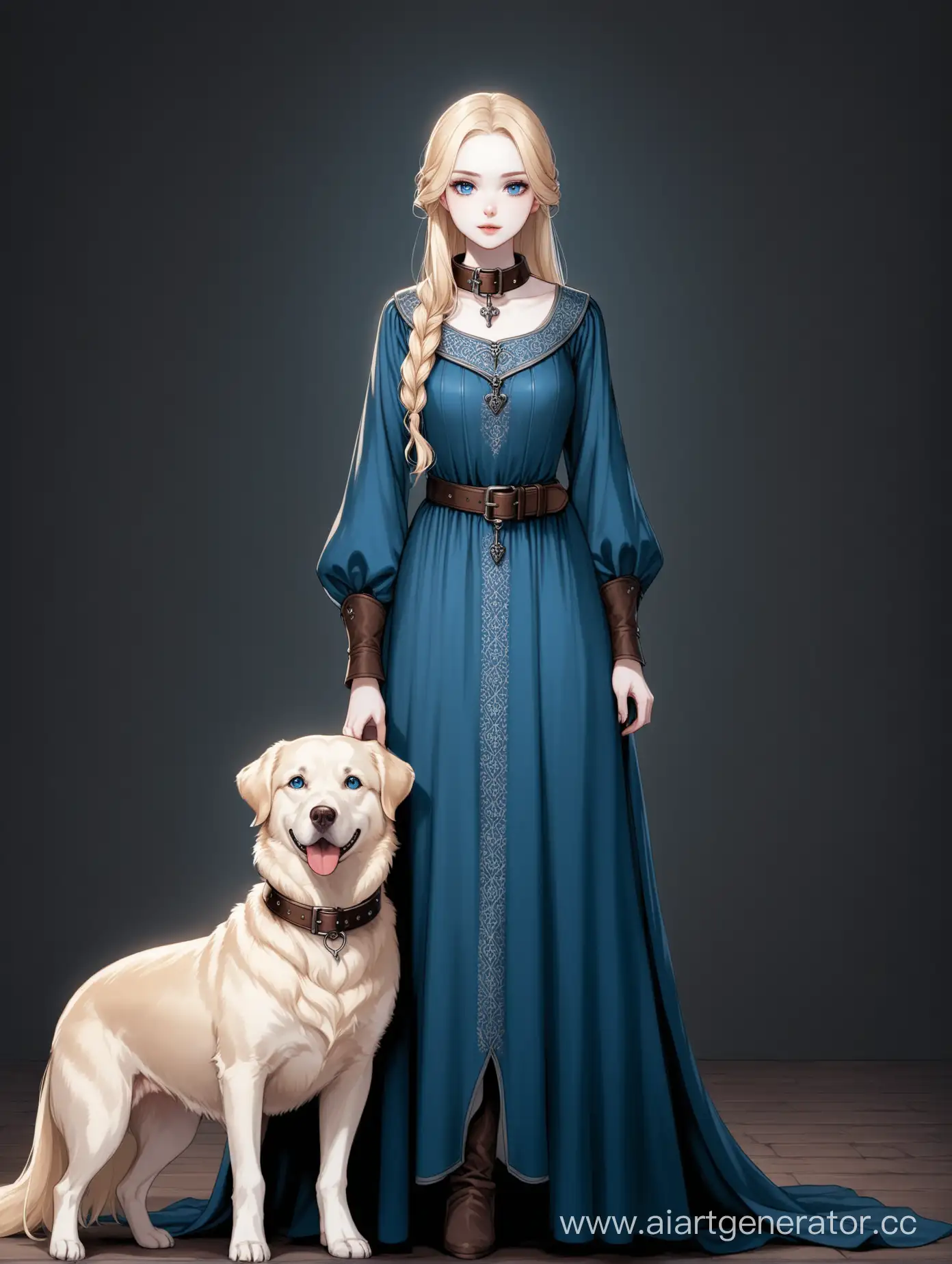 Medieval-Blonde-Woman-in-Ornamented-Dress-with-Leather-Dog-Collar