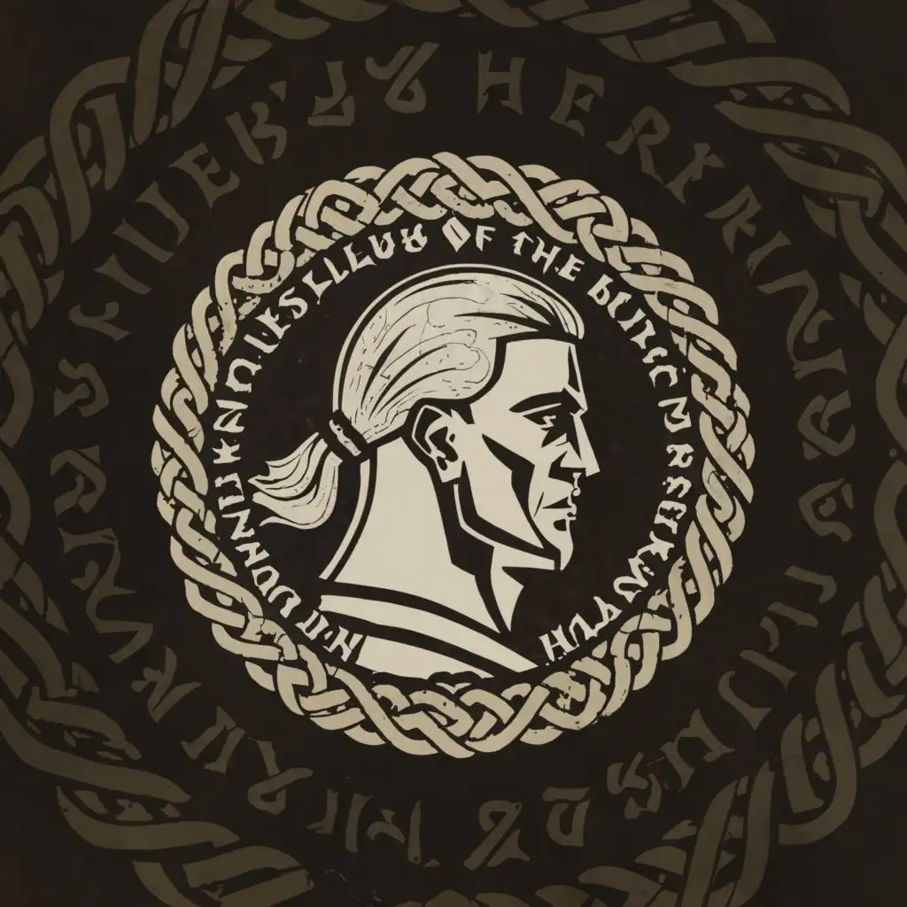 a logo design,with the text "Club of the Barbarians", main symbol:barbarian with a half-profile braid in the center of a rune chain circle grey scale,complex,clear background