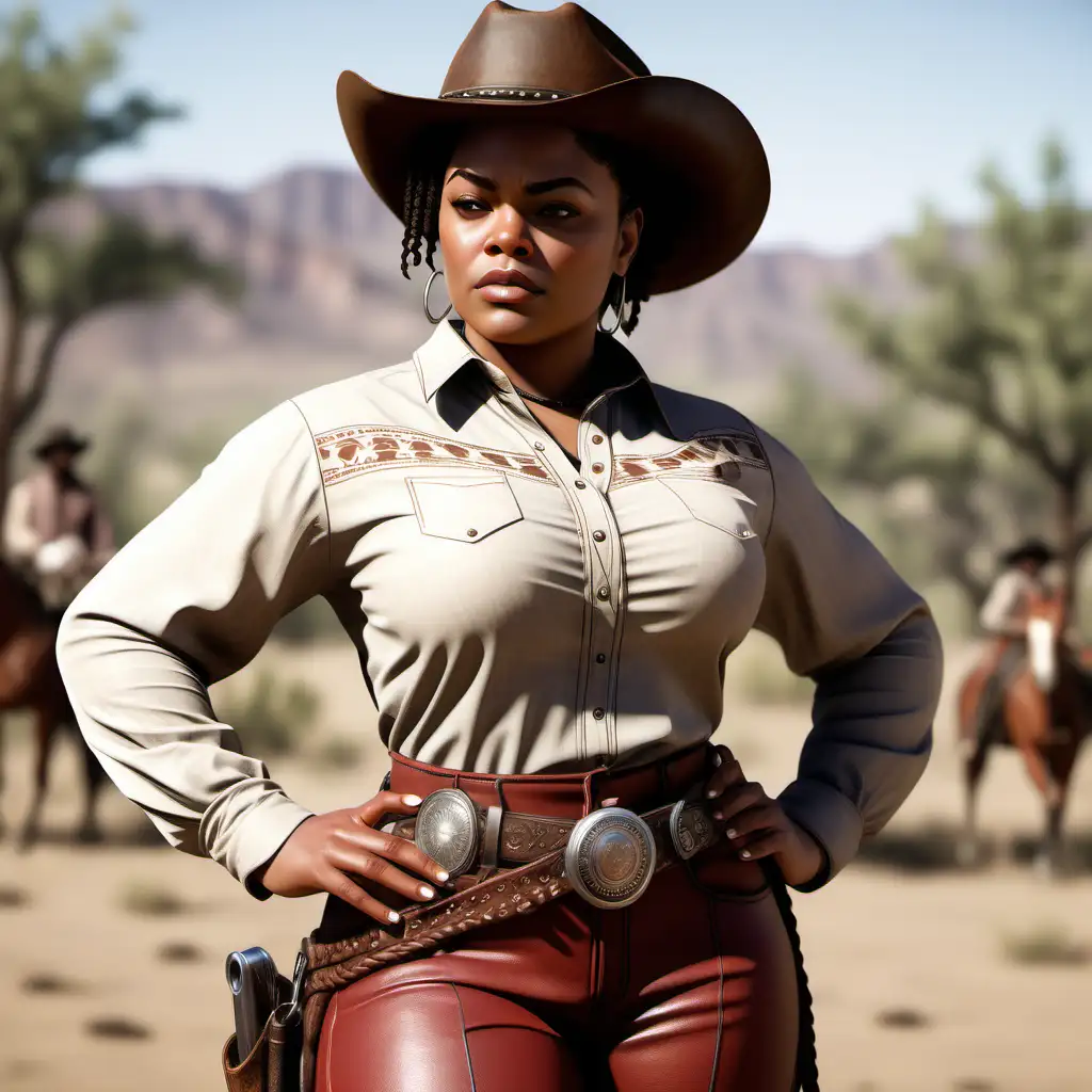 semi realistic, Red Dead Redemption 2 style, wild west African American cowgirl, plus size western African American woman, body shape like actress Jill Scott, heavy body type, Facial features like actress Gabrielle Union, relaxed expression, short hair braided in two-strand twists, shoulder length hair, short kinky hair, cowgirl hat, hazel eyes, high cheekbones, square jaw, direct gaze, tall African American cowgirl wearing buckskin pants, modest western colonial top, full body shot African American woman, closed shirt