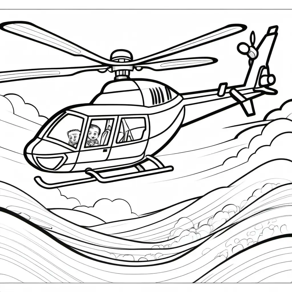 colouring page for ,   " BOY " 
 flying inside , helicopter ,
cartoon style , thick lines , low detail , no shading --r 911