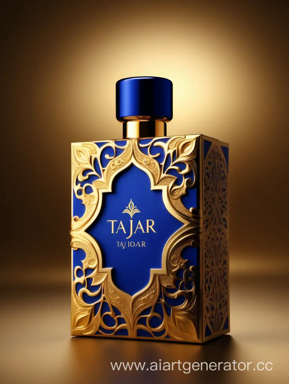 Box package design of perfume TAJDAR product, elegant, trending on artstation,   sharp focus,   studio photo,   intricate details,   highly detailed,   gold, Royal Blue and beige color on gold background