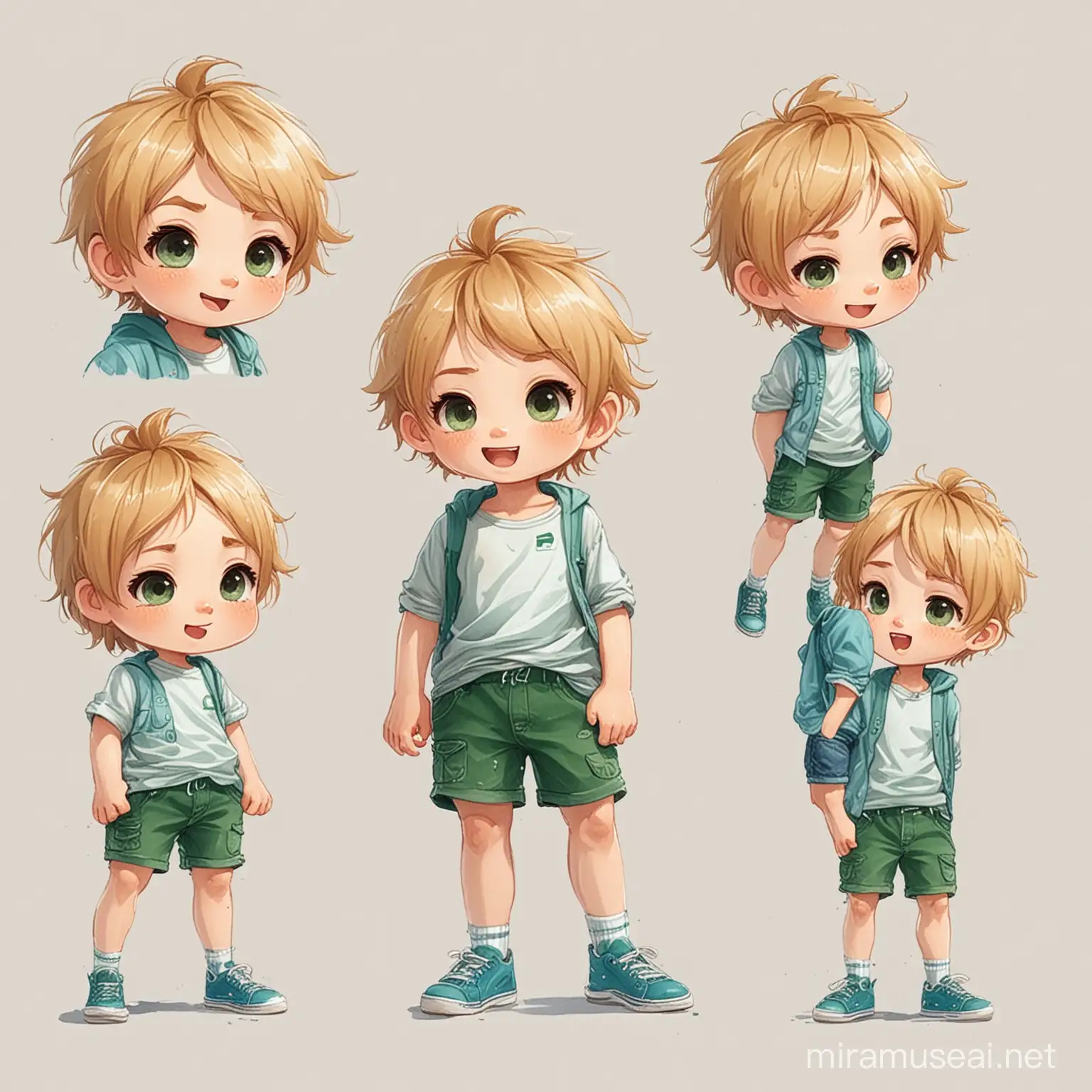 little cute boy character, white background, multiple poses and expressions, cute 5 year old boy, blue- green shorts, green rubbers with white laces, blond-brown messy hair, water color,flat color, in the style of chibi, detailed - iar 16:9