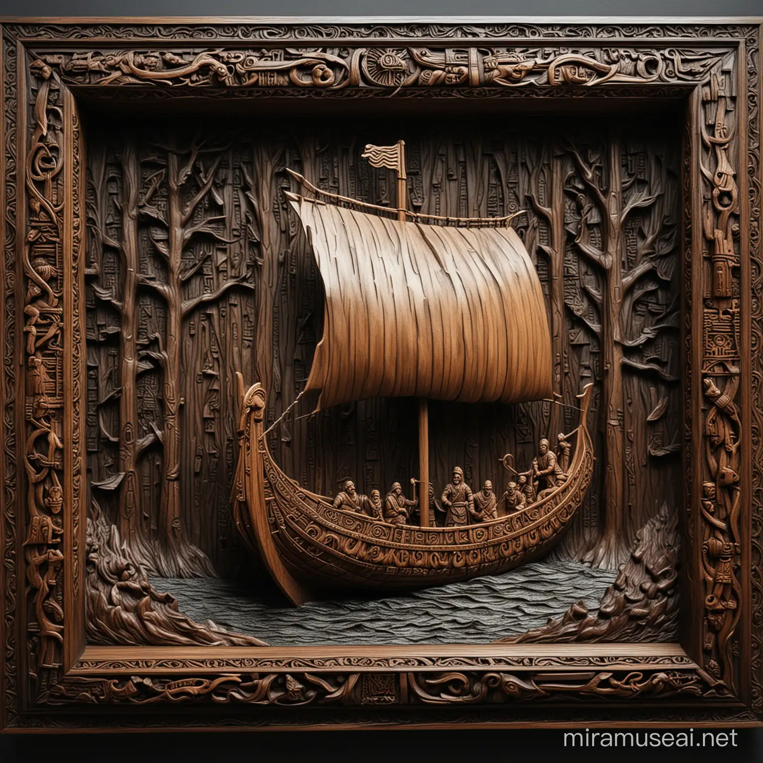 Viking long ship carved in wood within a dark wood frame