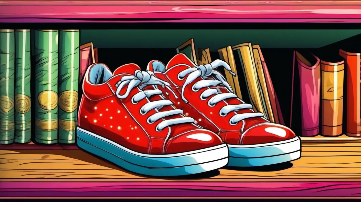 In cartoon style, an up close image of a beautiful, enchanted, magical pair of bright, shiny red sneakers that are in an old, box, on a shelf in a thrift shop, similar to a Loony Tunes cartoon, with a  vivid colors, ultra hd