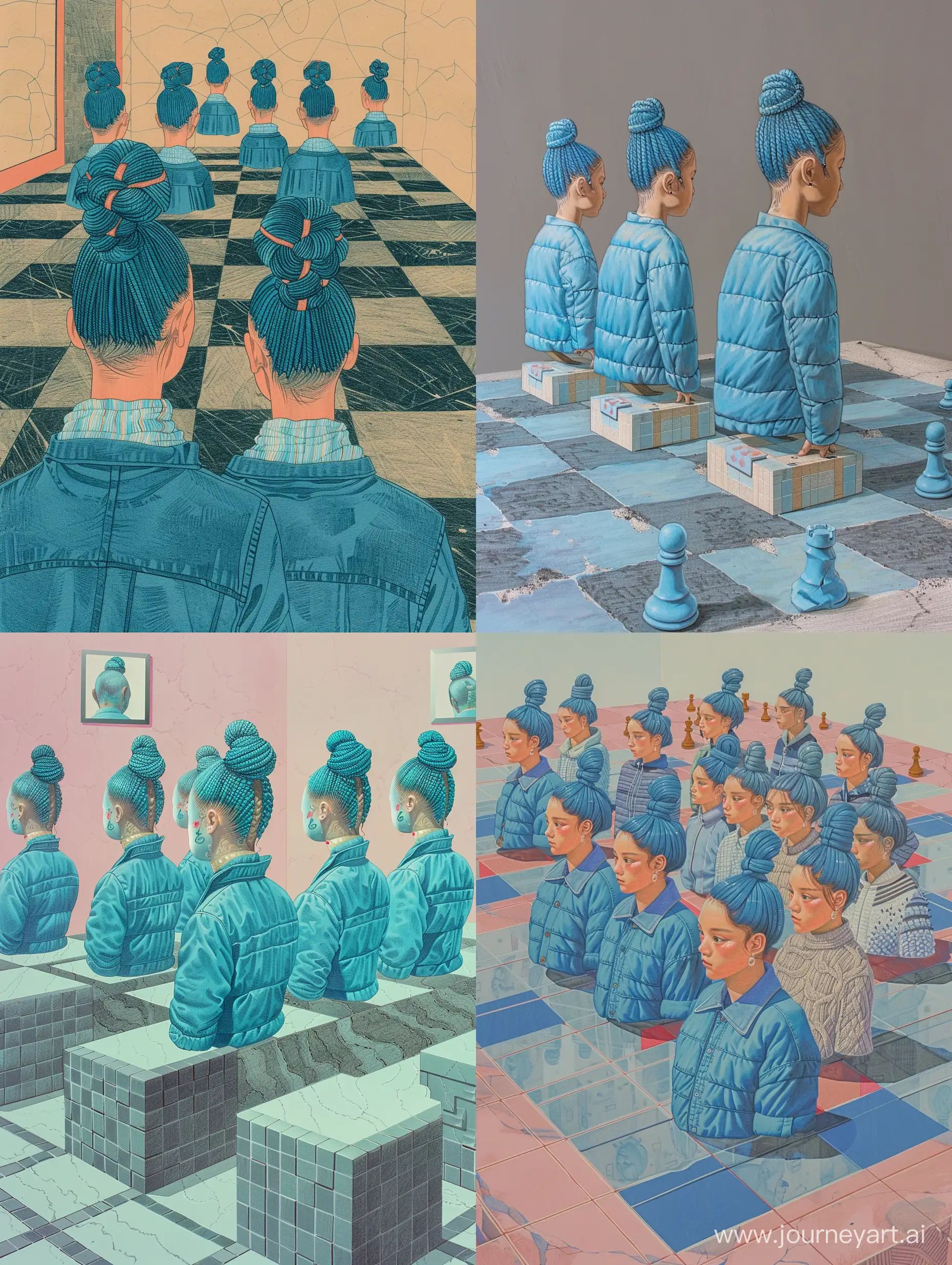 пустое пространство и доска игровая с клеточками, как шахматная, на клетках стоят одинаковые живые бюсты девушек, у них на голове мелкие синие косички собранные в пучок, синяя куртка, качественный высокодетализированный рисунок, яркость, красочность, стирающаяся грань между реальностью и фантазией, фентази, абстрактный 