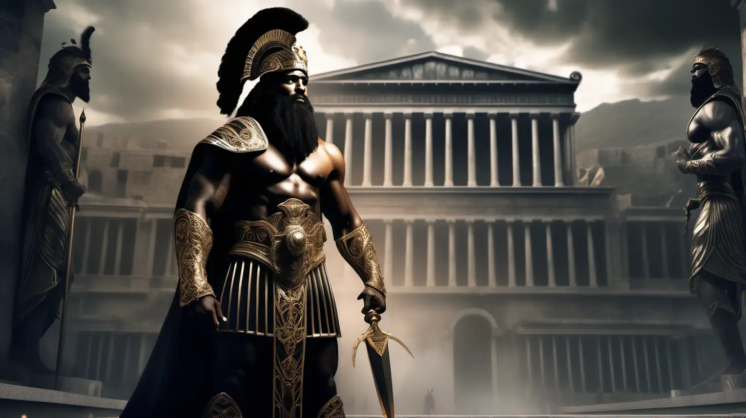 Create an image of a powerful, black ancient Greek warrior with a long beard, adorned in regal king attire, set against the backdrop of a majestic and entirely black palace.