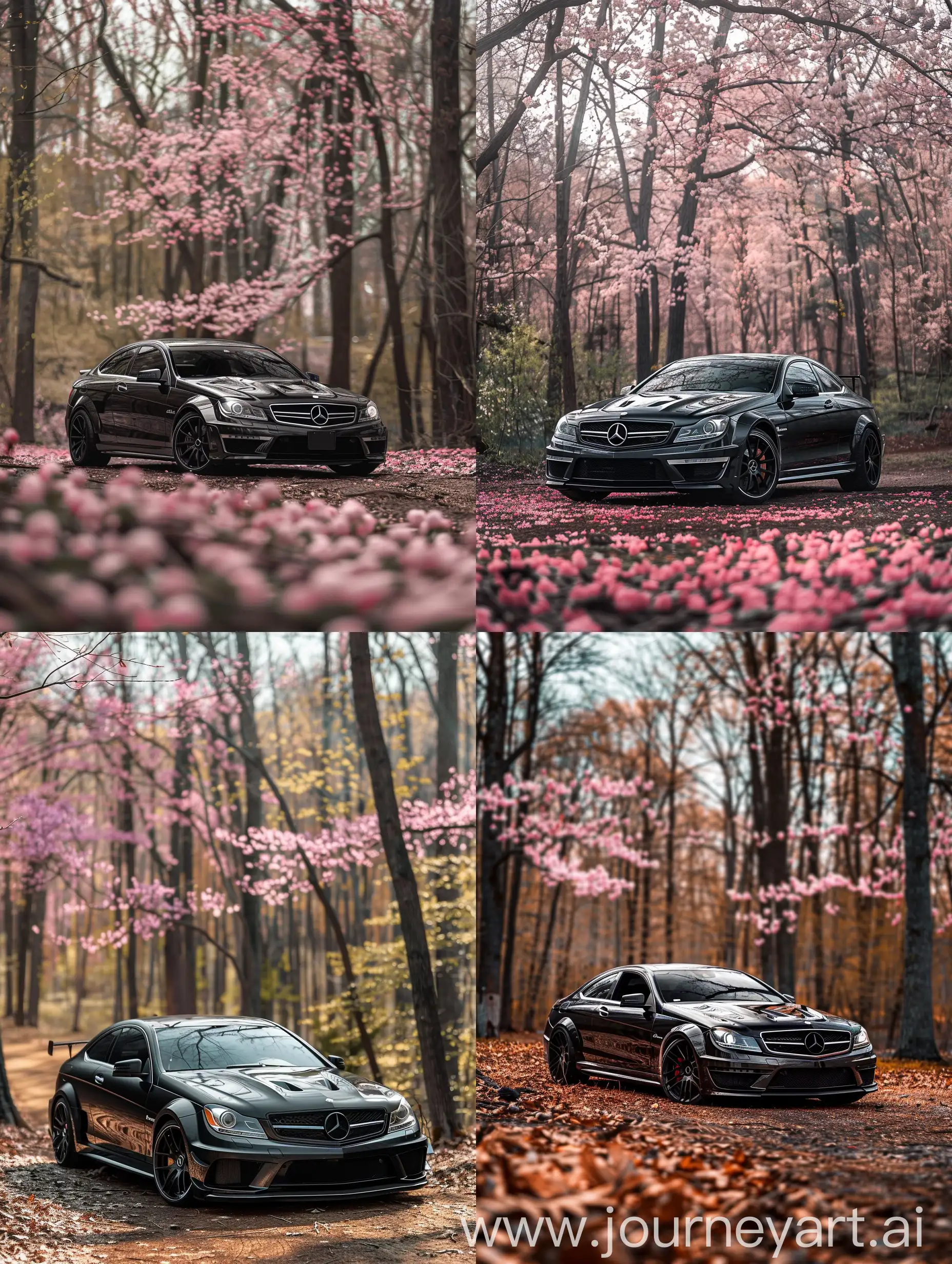 Black-Mercedes-C63-V8-2012-Parked-in-Forest-with-Pink-Flowers