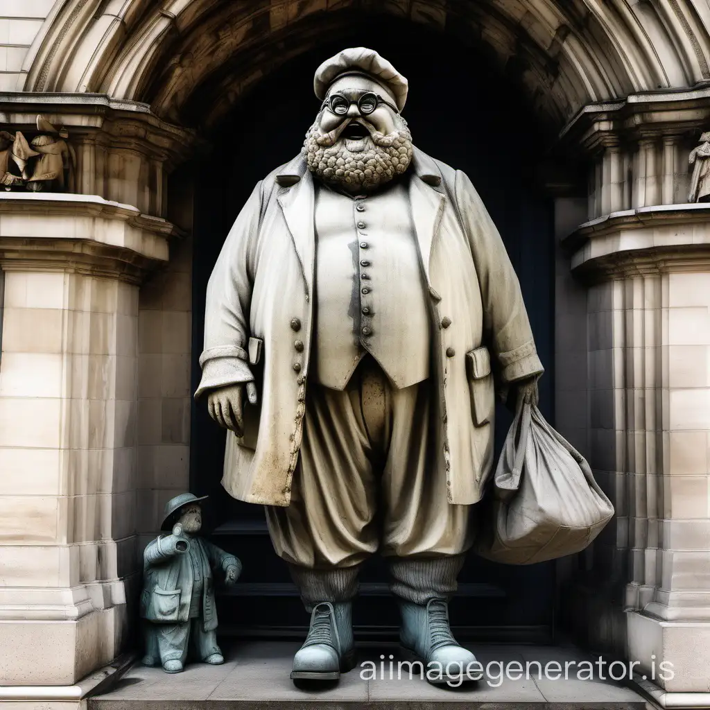 Weathered-Gothic-Statue-of-Jolly-Fat-Man-Gardener-with-Nightcap-on-Paris-Cathedral-Facade