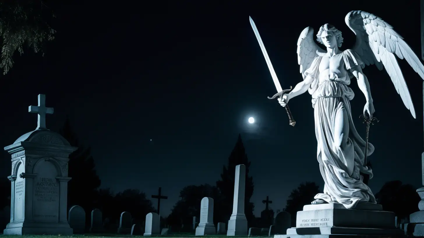 american comic, cinematic lighting, the mysterious and haunting scene of a big white angel statue, holding a sword, watching over a 40-year-old male security guard in a cemetery at night. Convey the eerie atmosphere with a mix of supernatural tension and earthly vigilance, emphasizing the contrasting elements between the angelic figure and the watchful security guard. Utilize visual elements to showcase the play of moonlight, shadows, and the details of the cemetery surroundings. Infuse the composition with a sense of both awe and suspense, exploring the enigmatic connection between the celestial statue and the earthly guardian in this captivating nocturnal setting