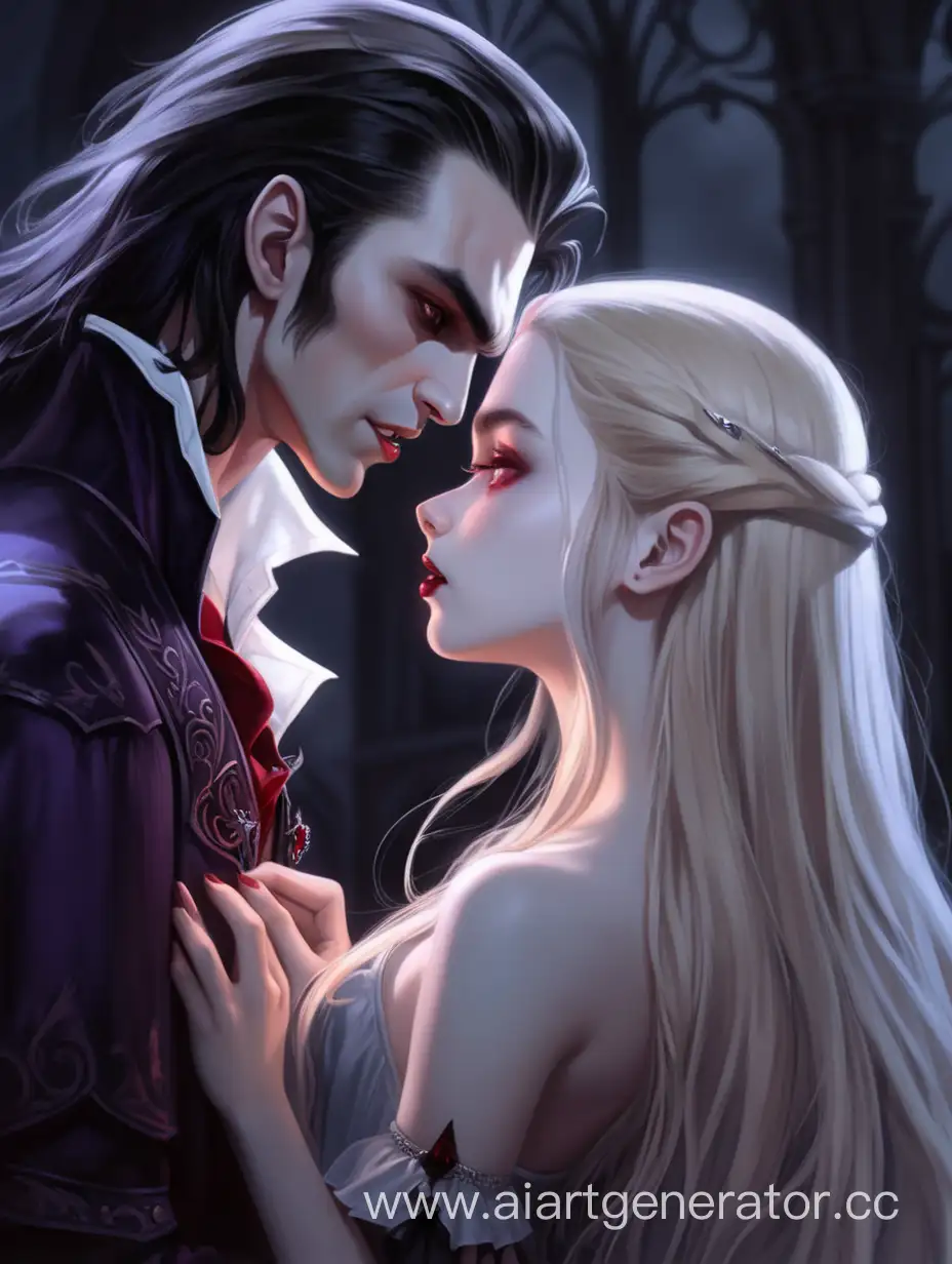 Красивый молодой мужчина вампир обнимает бледную девушку с длинными светлыми волосами 