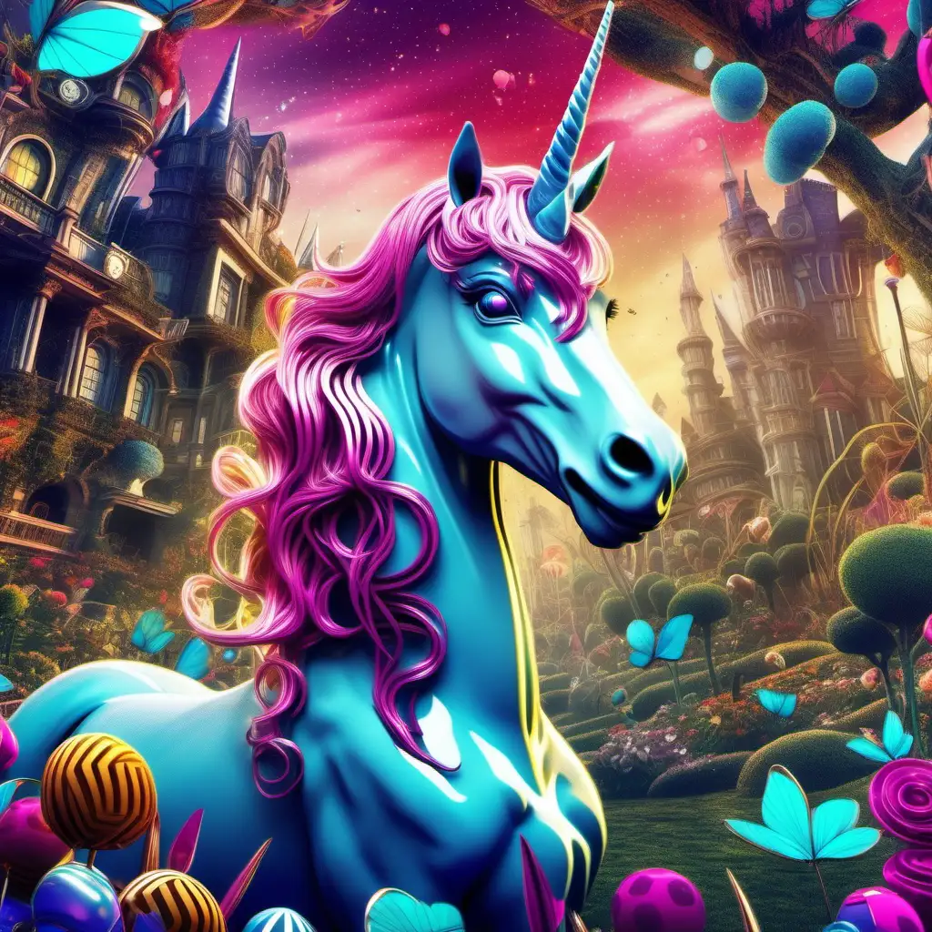 The adventure a unicorn, Alice in wonderland style, vivid colors, detailed, techno theme, futuristic, cinematic style 