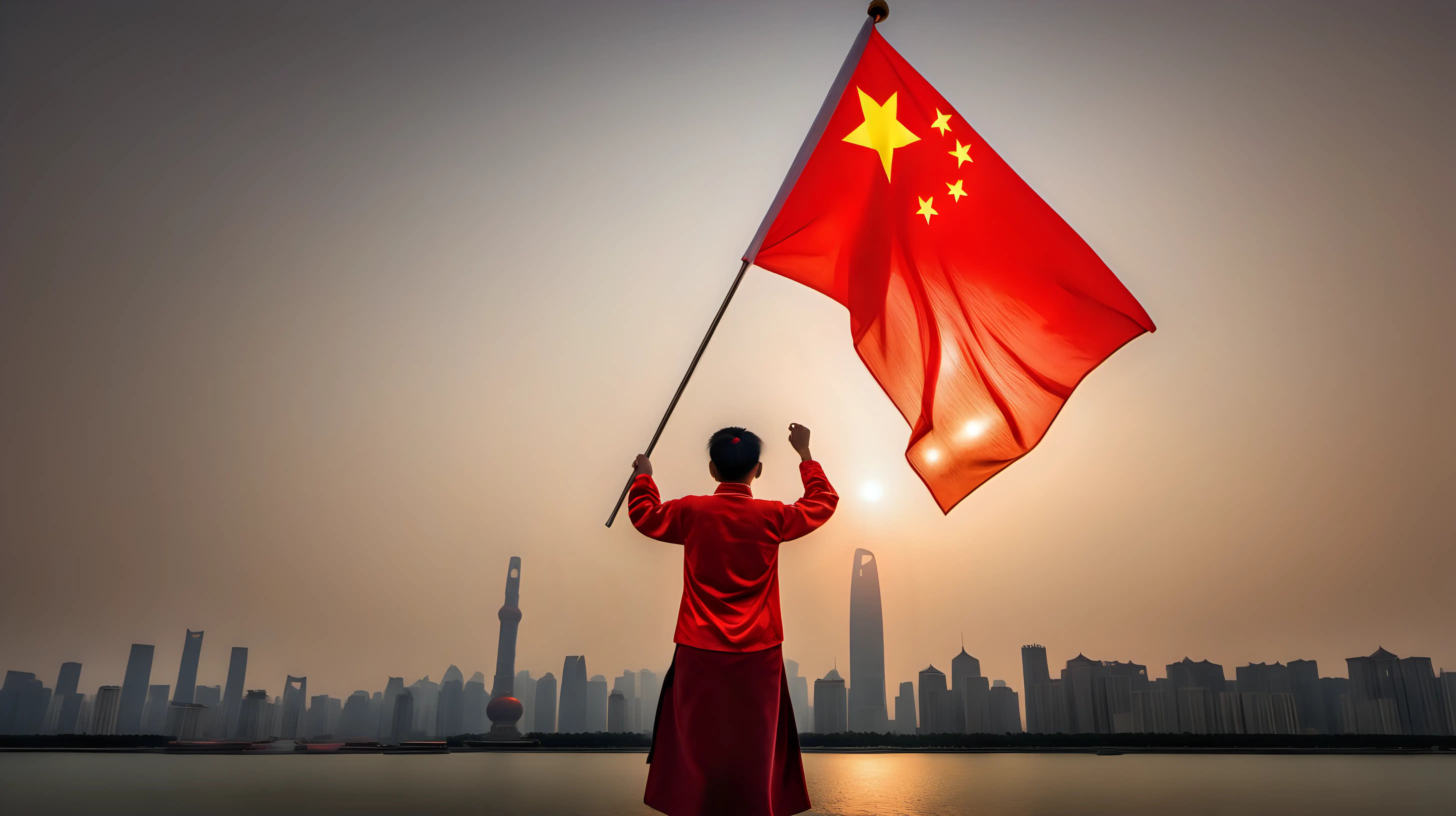 Showcase unwavering devotion to the motherland by capturing a moment of a person holding the glowing Chinese flag with pride and reverence.