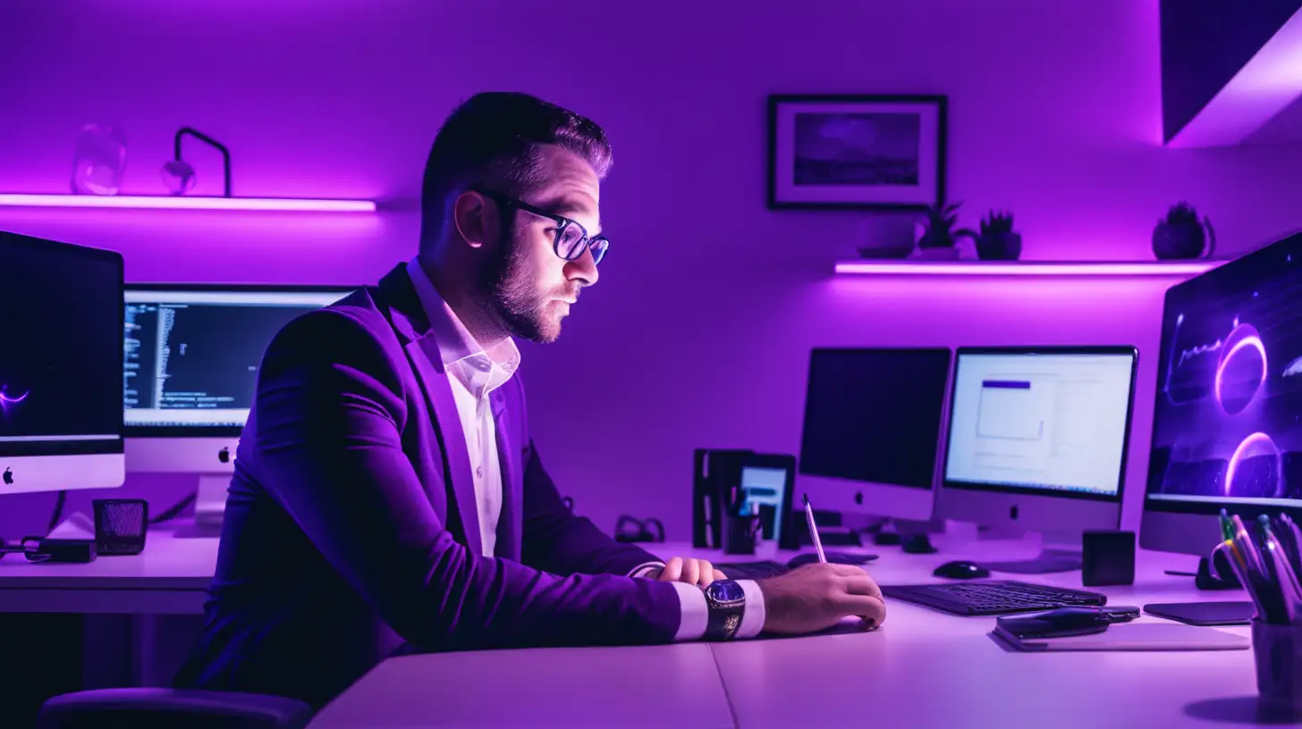 Ambient Office Scene with Account Manager Man in Purple Lights