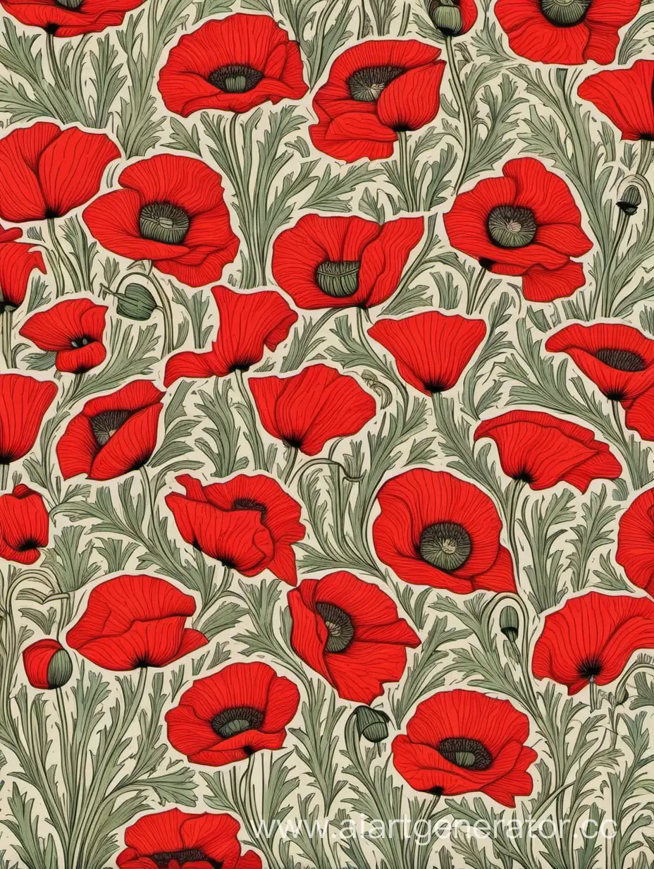 Very many red poppies as a pattern for textile prints inspired by William Morris