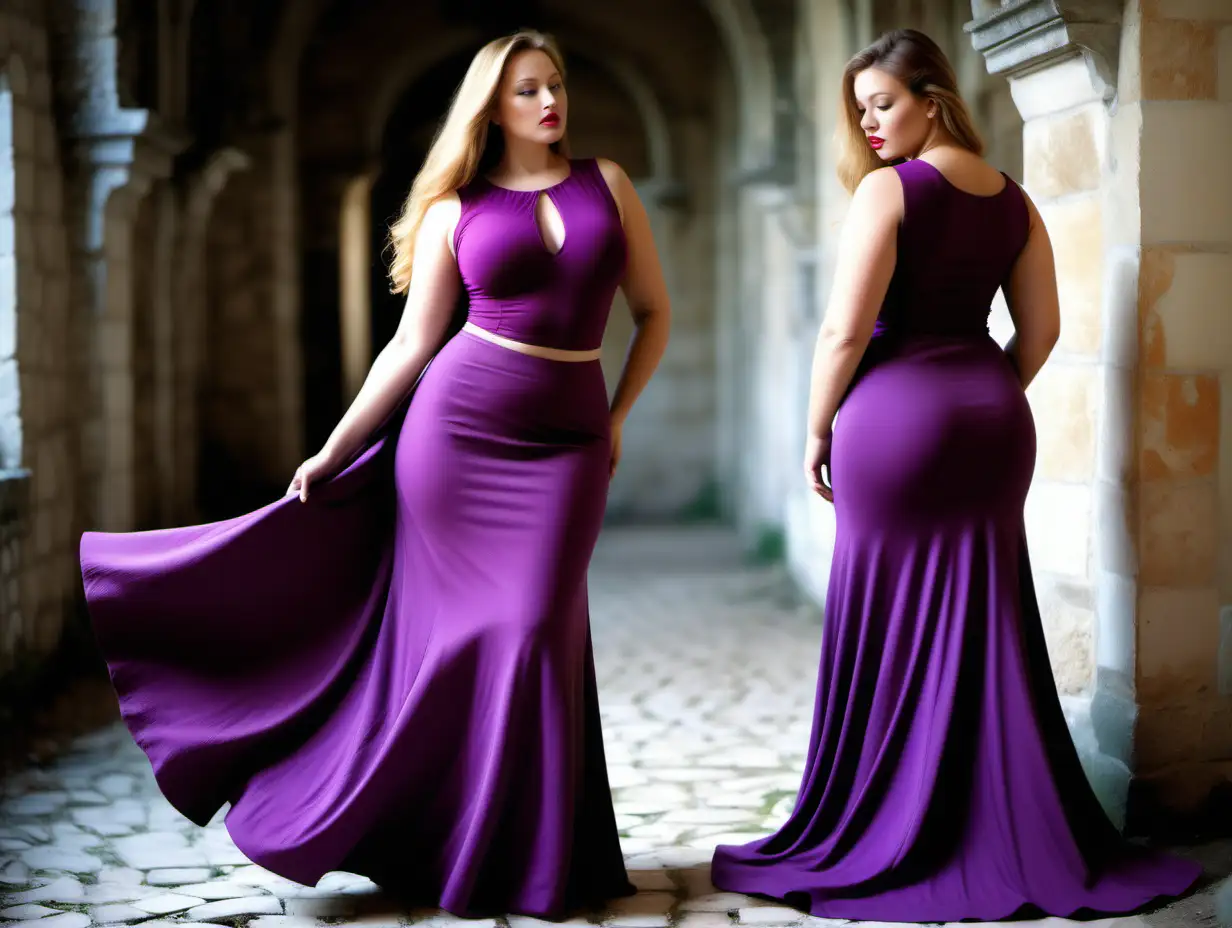 beautiful, sensual, classy elegant dark blond full bodied plus size model, back view on separate image, one person per image, top is fully covering back, wearing full covered back up to neck top sleeveless, deep orchid color dress with a very flared ankle length skirt, skirt is made from the same deep orchid fabric as top, dress is made from ITY fabric, fitted bodice, empire waistline, skirt ends at floor without train, long hair is flowing, back view on separate image, luxury photoshoot inside a magical winter castle in France, winter decorations inside the rooms in the castle, antique background