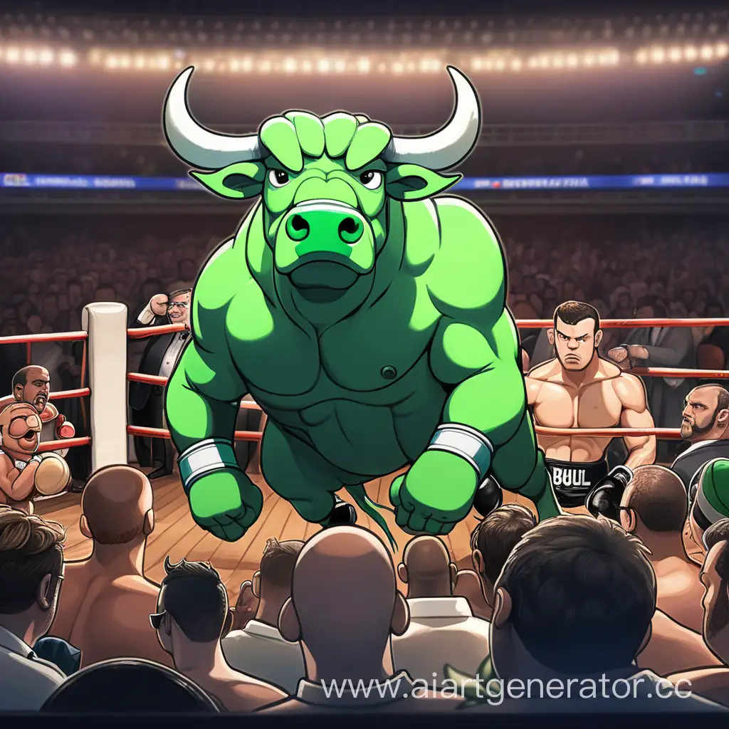 animated, green bull, in audience, watching boxing, crypto bull, view of boxers fighting