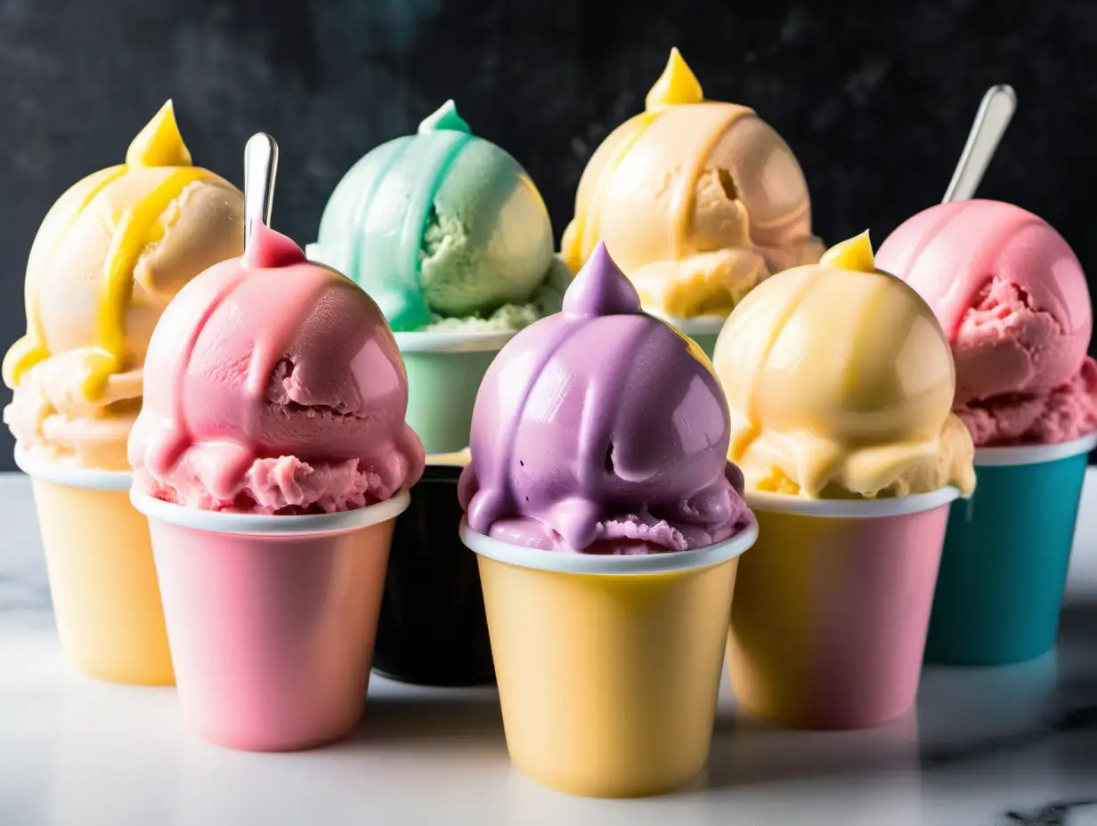 A GROUP OF 10 CREAMY ITALIAN ICES IN CUPS YELLOW, PINK, TEAL, BLACK, 