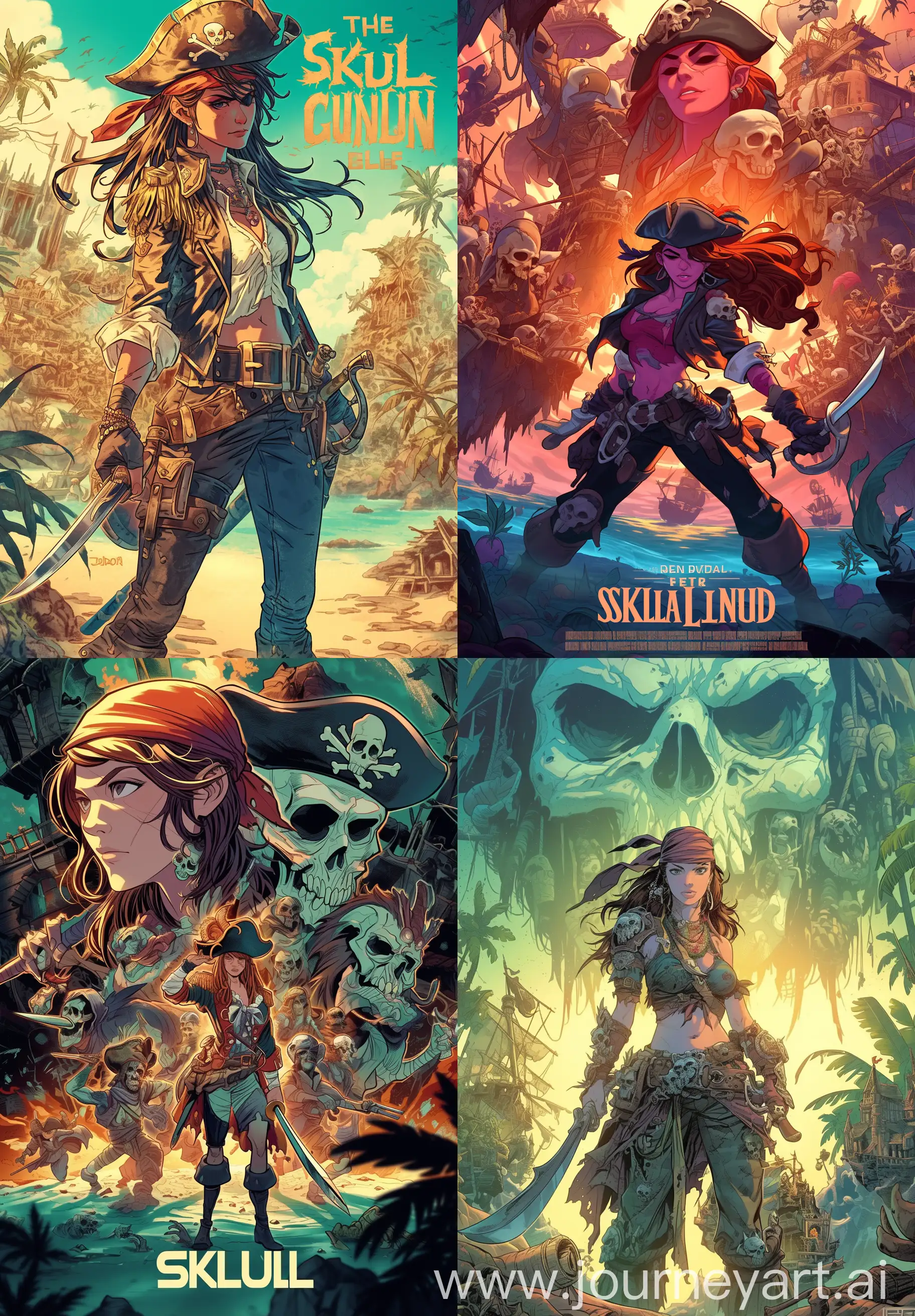 The journey of a pirate gang led by a beautiful and brave female captain to the mysterious Skull Island in search of treasure, intricate details, comic book cover style, --ar 9:13 --niji 6