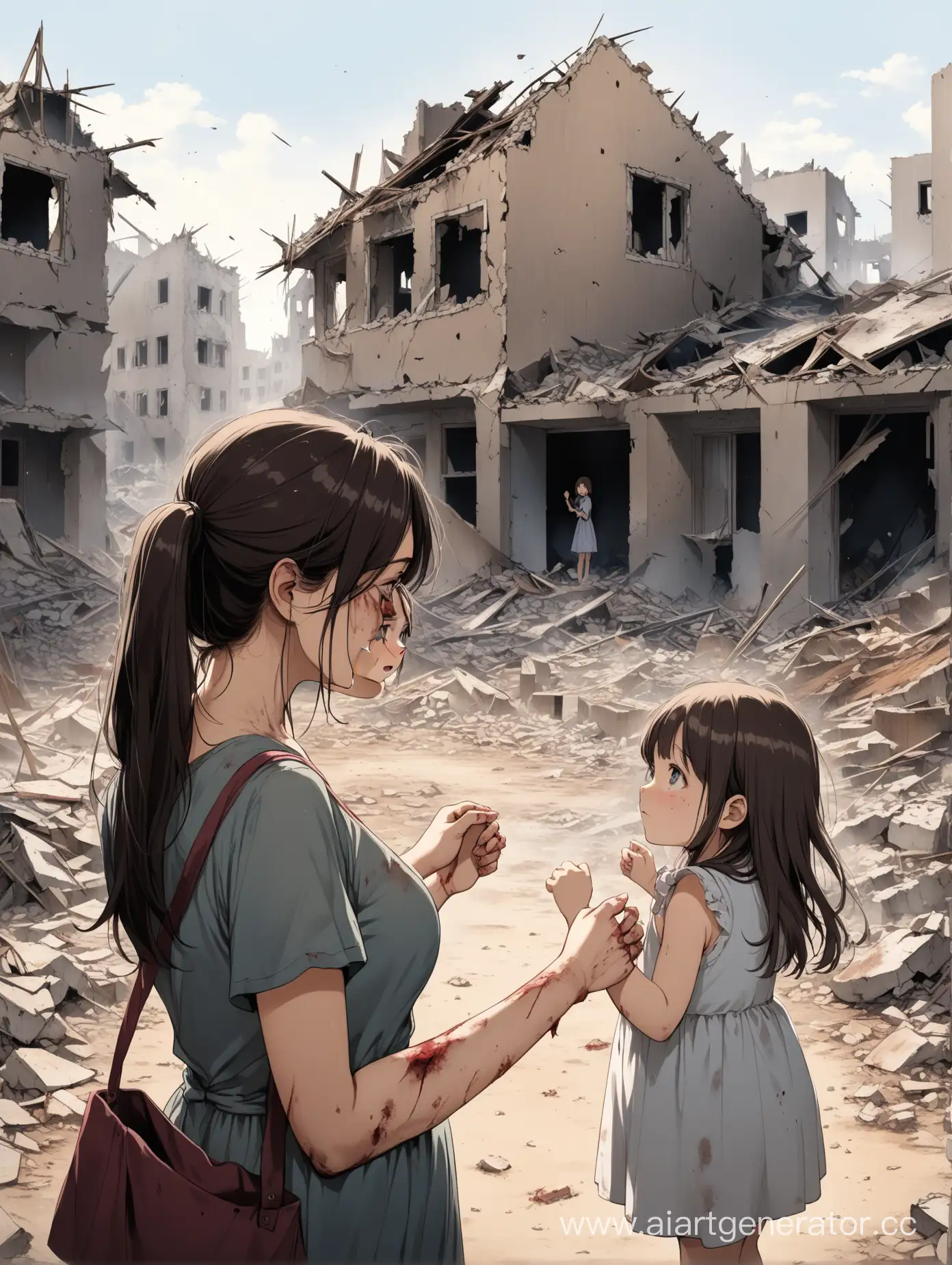 mom and daughter against the background of the destroyed city, the daughter pulls her mother by the hand and asks her to leave , and the mother points to the destroyed house and says this is our house , we will live here mom and daughter are dirty , all covered in dust and traces of injuries , tears flow on the girl's face