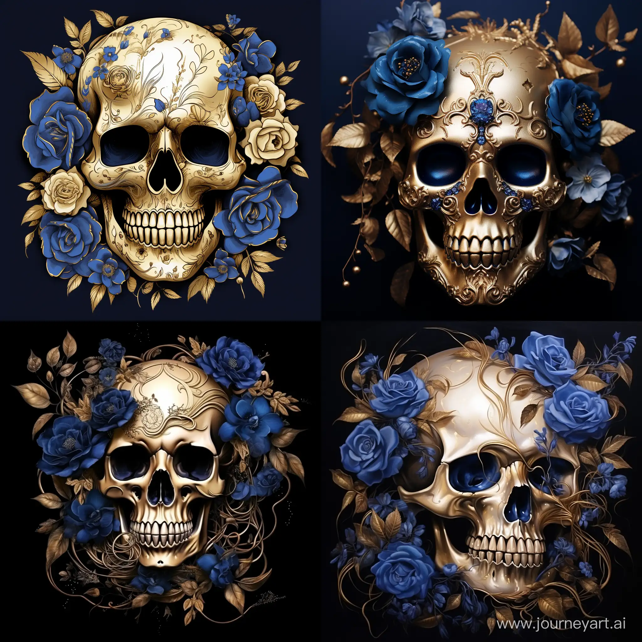 Enchanting-Golden-Skull-Surrounded-by-Blue-Roses