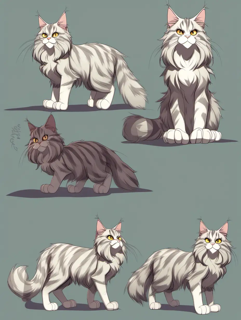 maine coon cat,  character design different poses, Pixar character, full body,  --ar 16:9, --r 2