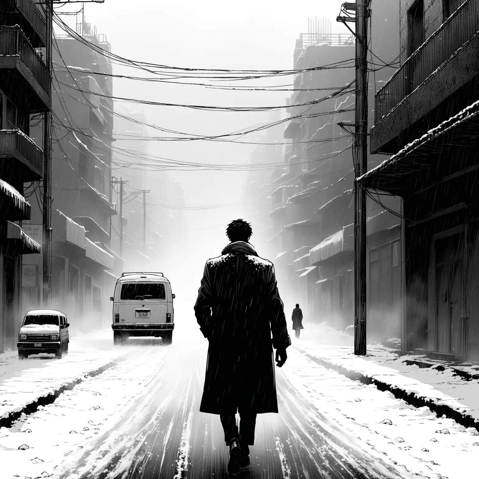 Style:  black and white Noir Comic Style.  setting: a narrow deserted snow covered street in Tehran in fog. Dirty snow closely.is piled up on both sides of the street. Character: protagonist, a young man wrapped in a black coat. Story: The protagonist is walking alone towards me with the facial expression of a worried man. He has narrowed his eyes because the wind is blowing into his face.  Behind the protagonist there a white van is following him.