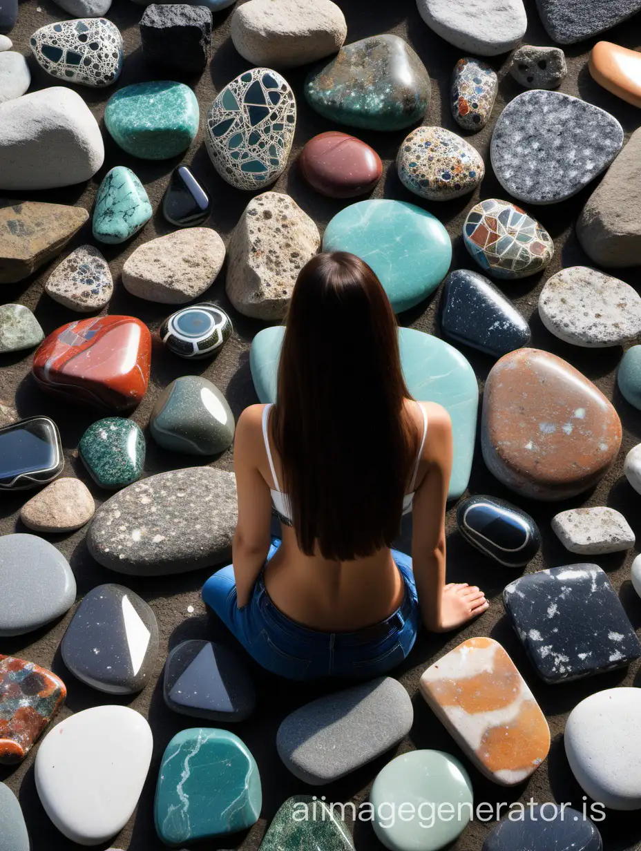 Beauty looking at many beautiful stones