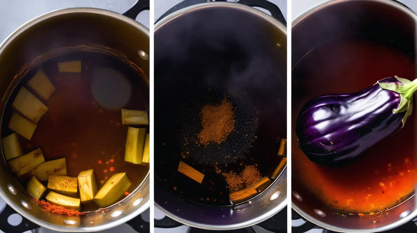  eggplant in boiling water, spices boiling in pot