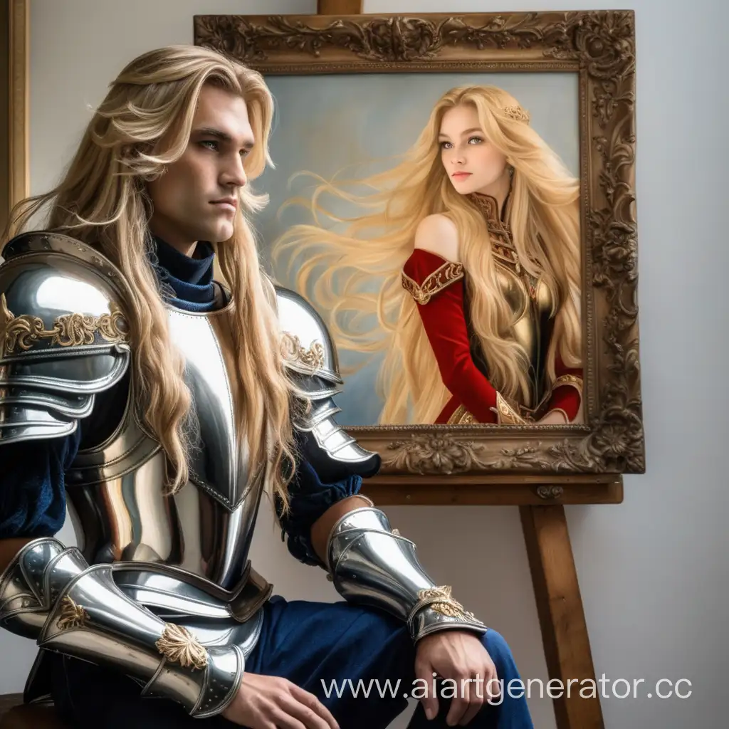 Король каблуков, доспехи, рядом картина прекрасной длинноволосой блондинки