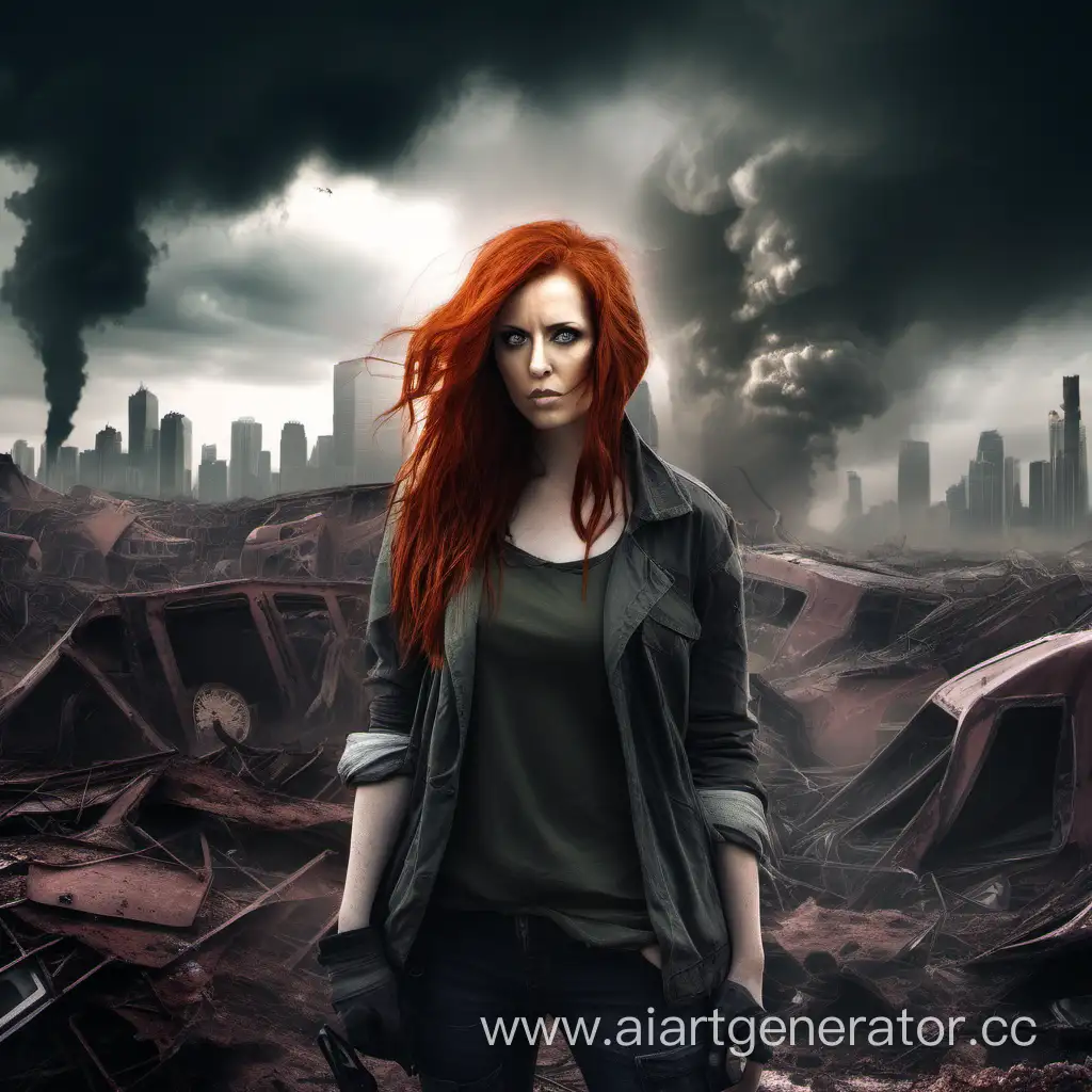 Red haired woman apocalyptic setting scavenger