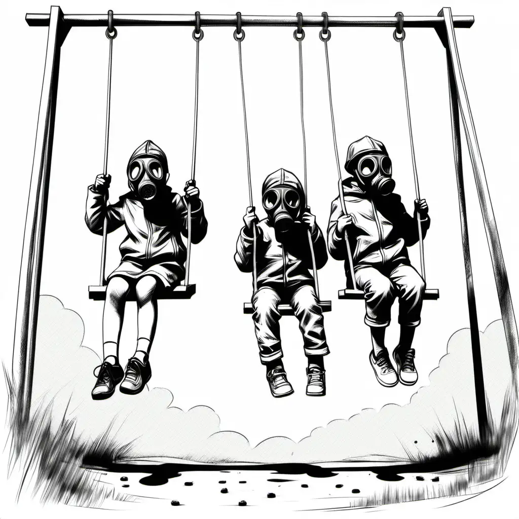 Children with gas mask playing on the swings sketch