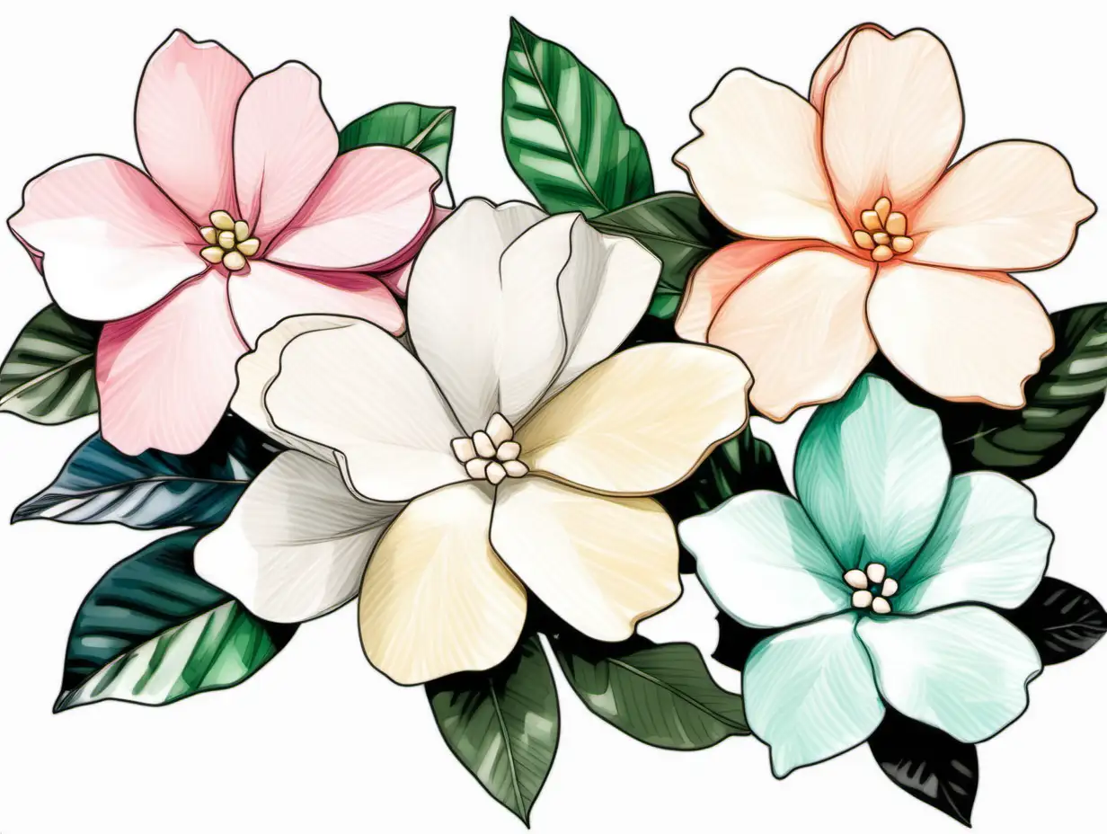 /imagine prompt pastel watercolor GARDENIAS flowers clipart on a white background andy warhol inspired --tile
