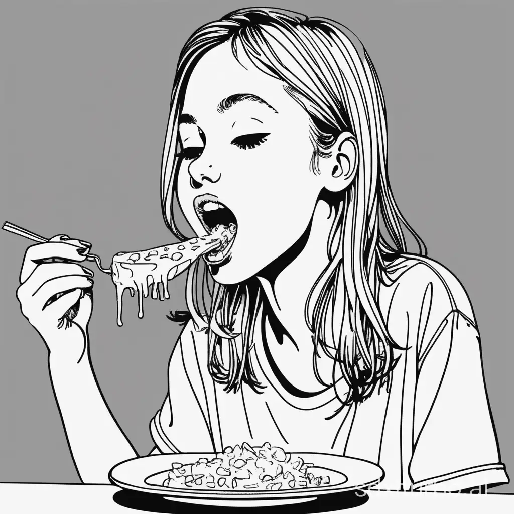 Line drawing of a girl eating liquid cheese