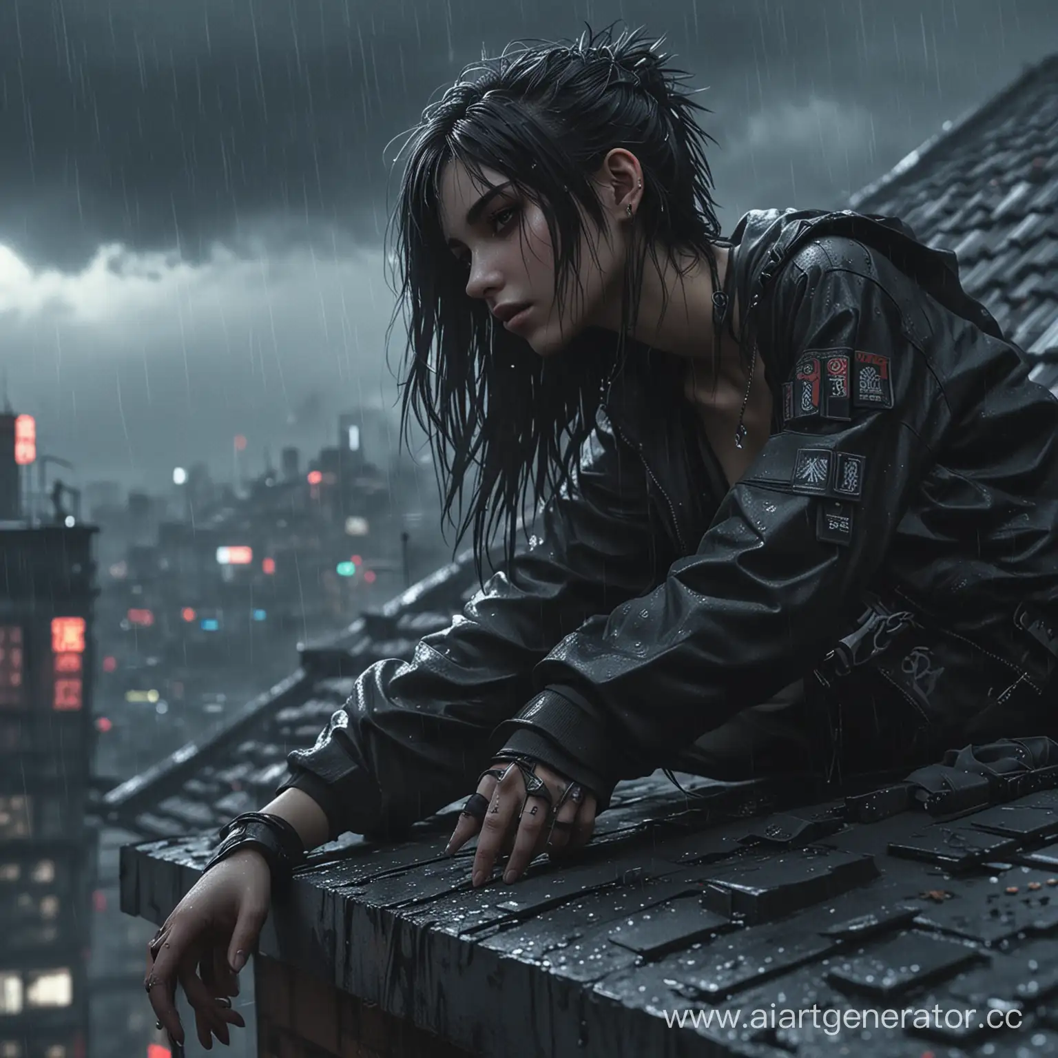 cyberpunk dark style, rain, fog, anime emo girl with detail hair, the girl is lying on the edge of roof, detail light and shadows.