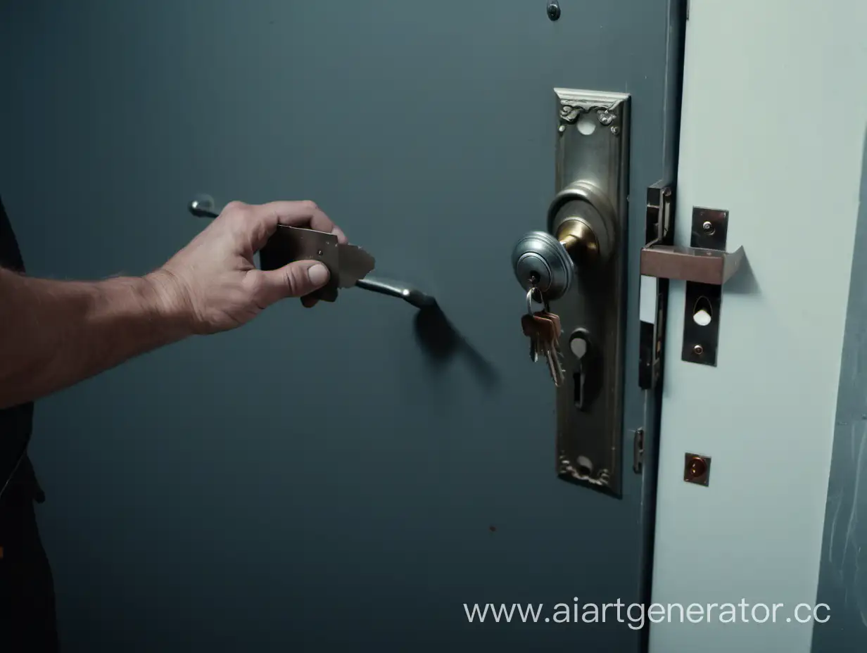 Locksmith-Changing-Metal-Door-Lock-with-Tool-Box-Nearby