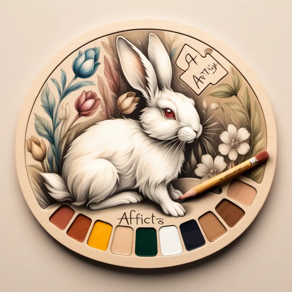 artifacts & artistry logo, painting palette, rabbit, on light beige, colored pencil sketchy, muted palette, Victorian era, intricate, puzzle-like elements