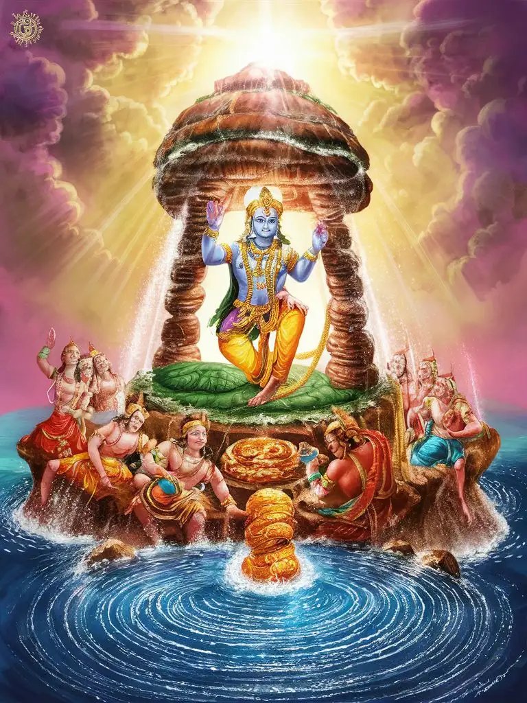 Illustrate the Kurma Purana with an image of Lord Vishnu in his turtle incarnation, supporting Mount Mandara during the churning of the ocean.
