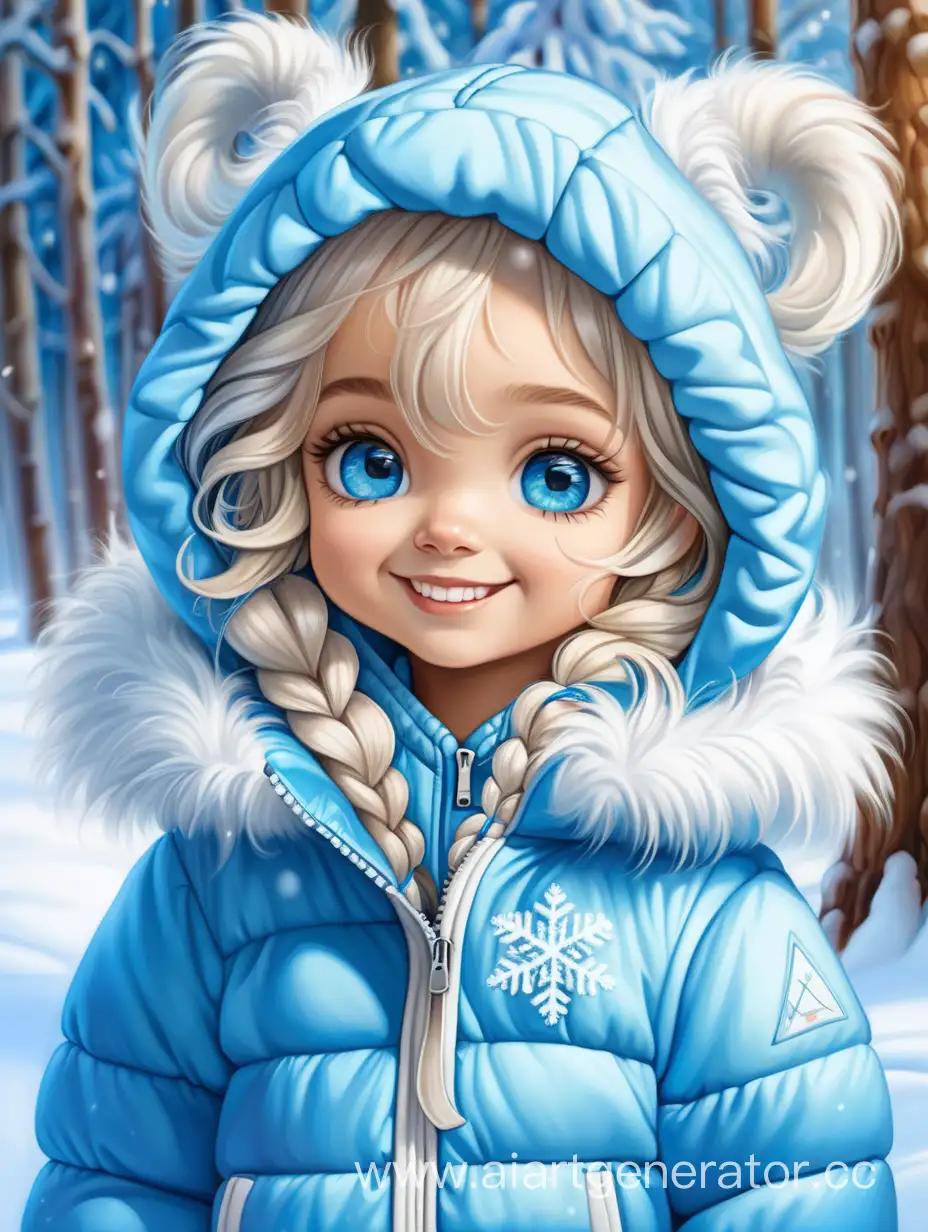 Маленькая девочка, с кристально синими глазами, светлой кожей, в голубой теплой куртке с копюшоном, волосы белые как снег, на спине длинный белый пушистый хвост, на лице милая улыбка, на фоне зимнего леса 