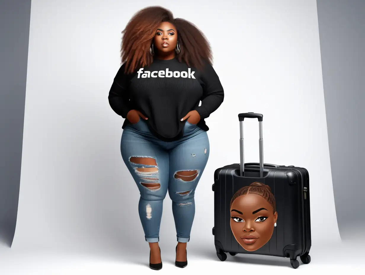 Create a 3D illustration of fat African American woman in front of a social media logo. Specifically Facebook, wearing ripped jeans, black crop sweater, black pumps, with a passport in one hand and the other hand rearing on a carry on luggage, long straight hair with a side part, she is standing. The background of the image should showcase a social media profile page with Kizzy Garrick and a matching profile picture.