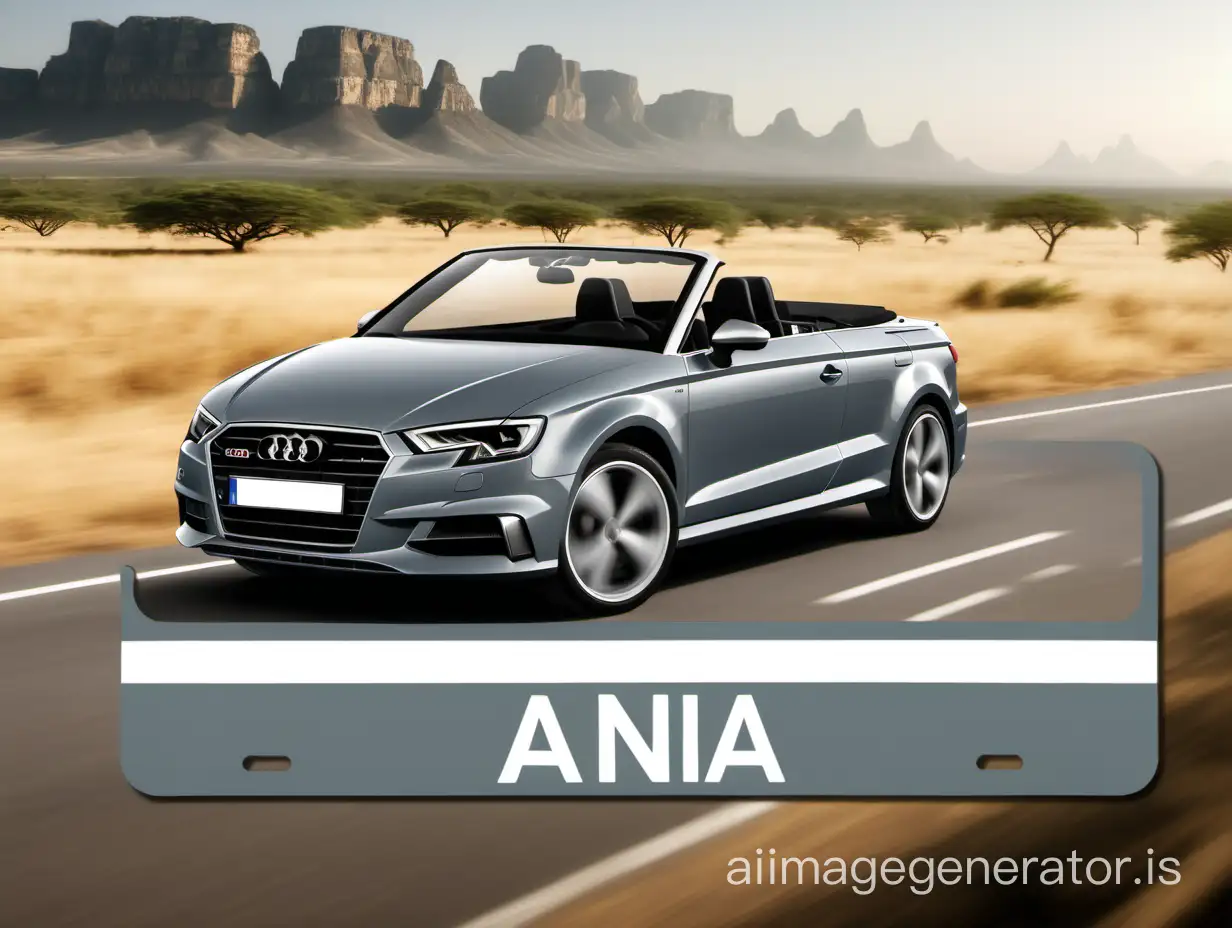 Generate an image of grey Audi A3 cabriolet with custom license plate "ANIA". Please have calm, African safari background.
